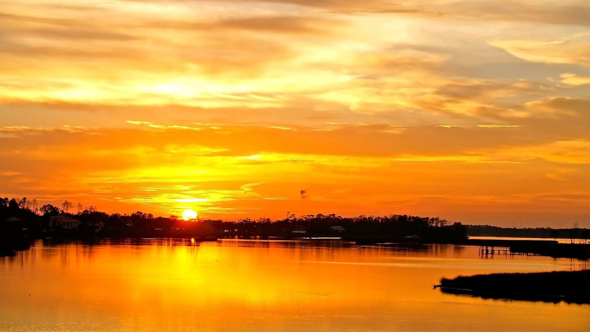 black, 1080P, dawn, photo, widescreen, photoshop, landscape, maroon, scene, river, gold, awesomne, sunset, nice, clouds, HD Wallpaper