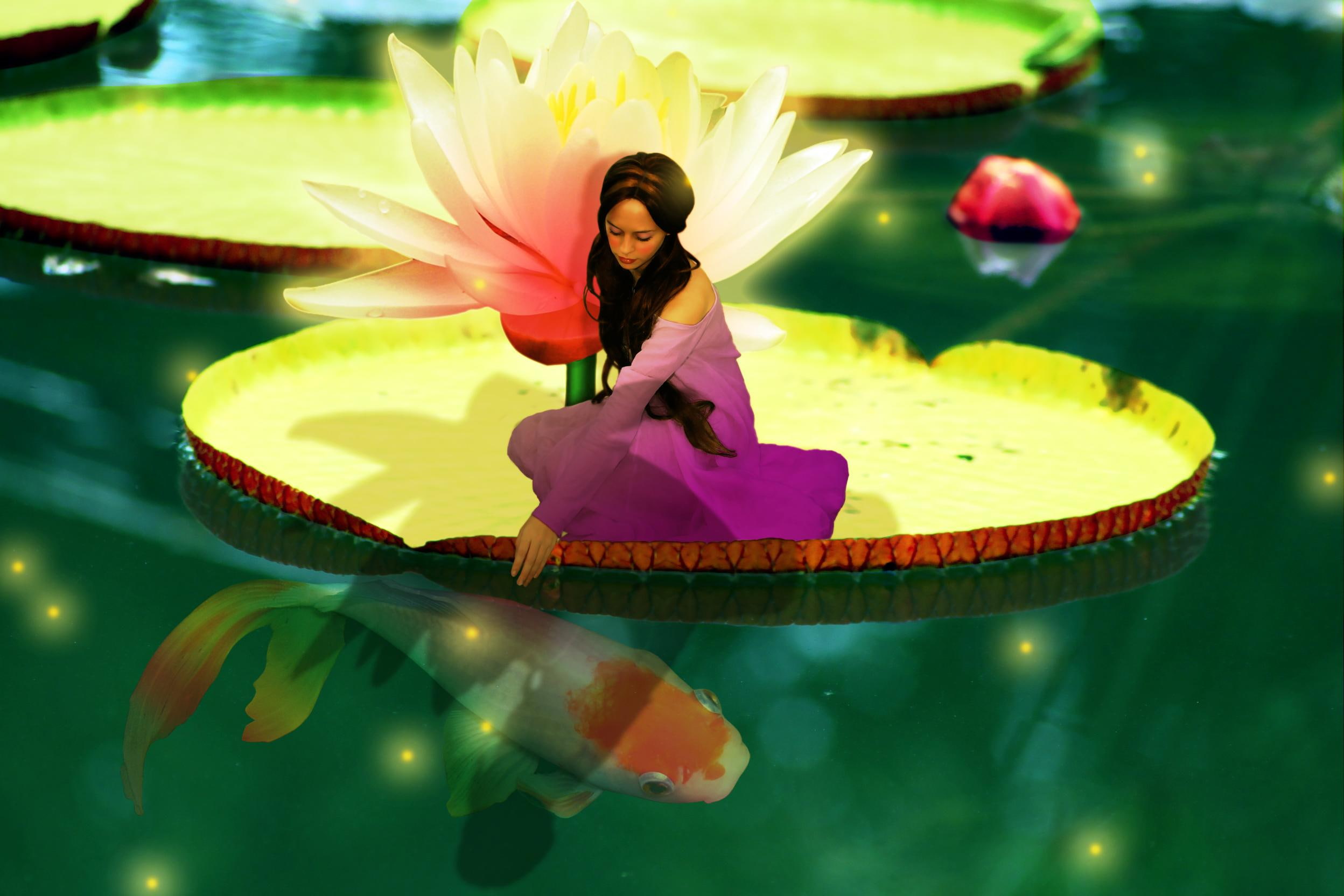 sweet, girl, photoshop, thumbellina, beautiful, nature, nice, 1080P, lotus, fairy, woman, water, green, HD Wallpaper