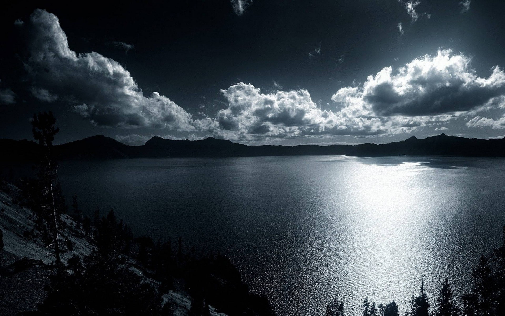nature, mountain, tree, idyllic, monochrome, silhouette, outdoors, hills, tranquil scene, sky, beauty in nature, scenics - nature, lake, no people, water, HD Wallpaper