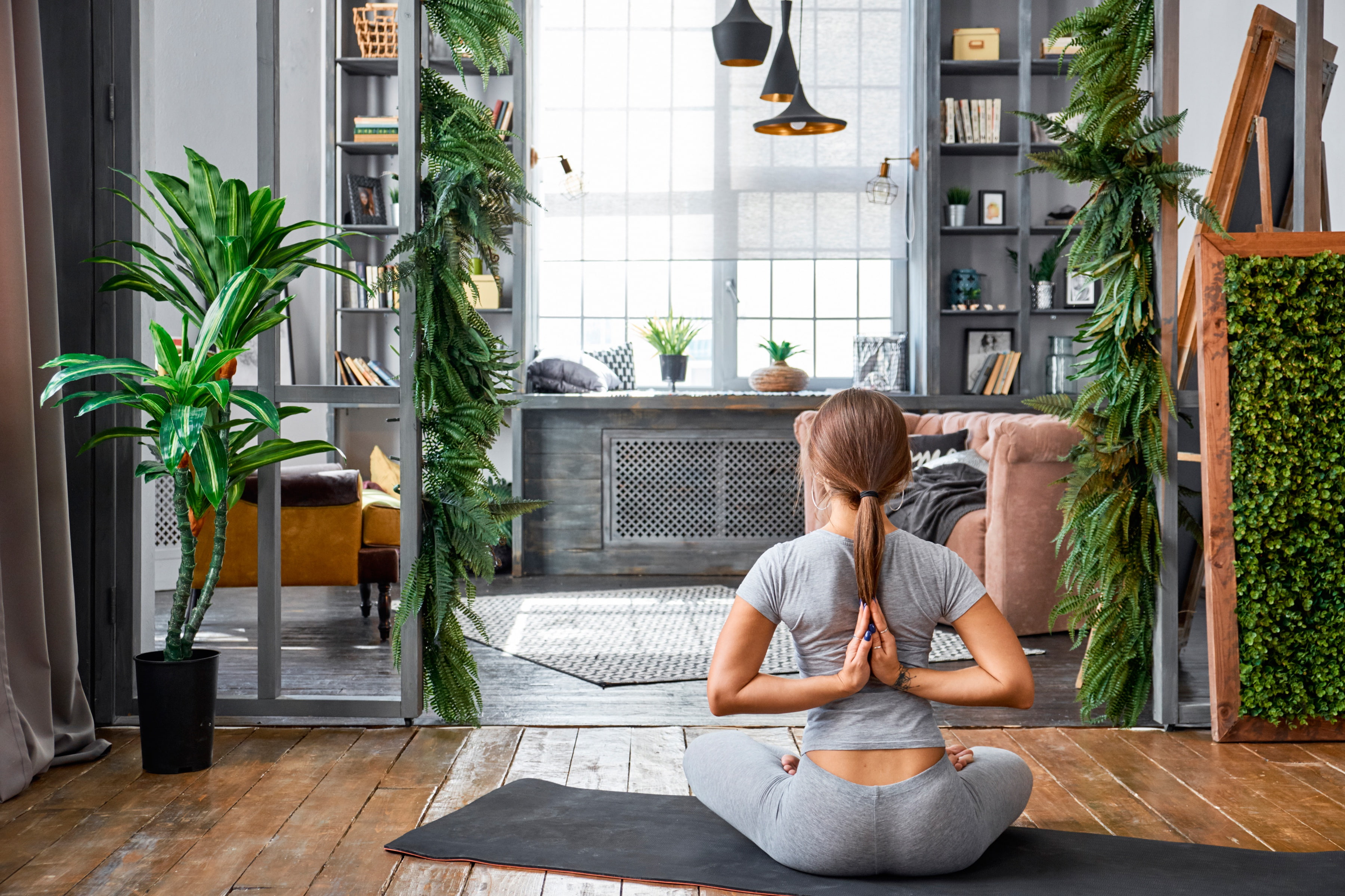 yoga, figure, girl, room, Mat, brown hair, sitting, hairstyle, pose, on the floor, interior, 2K, plants, the Lotus position, HD Wallpaper