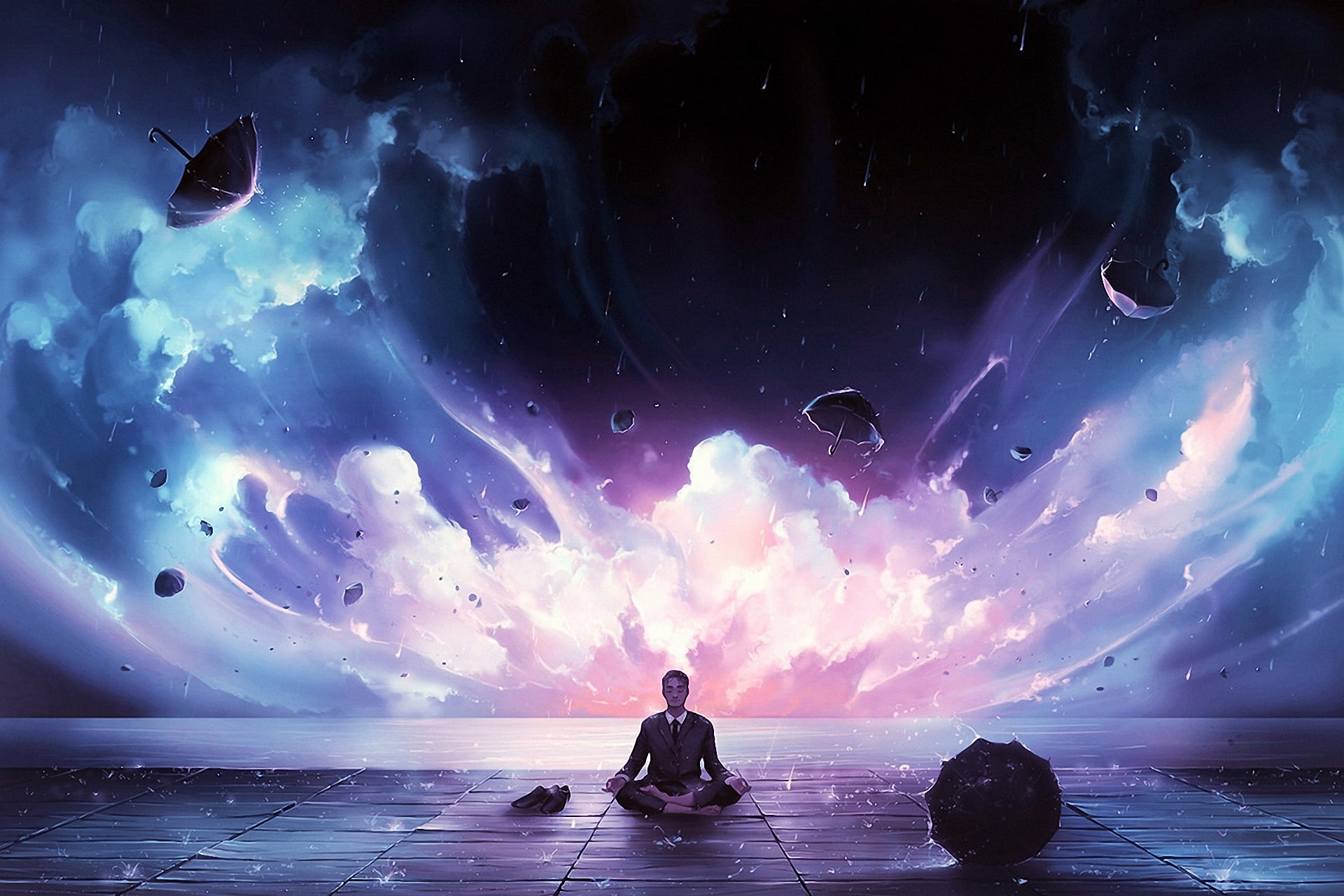 rain, 1080P, the Lotus position, male, costume, clouds, umbrellas, art, meditation, HD Wallpaper