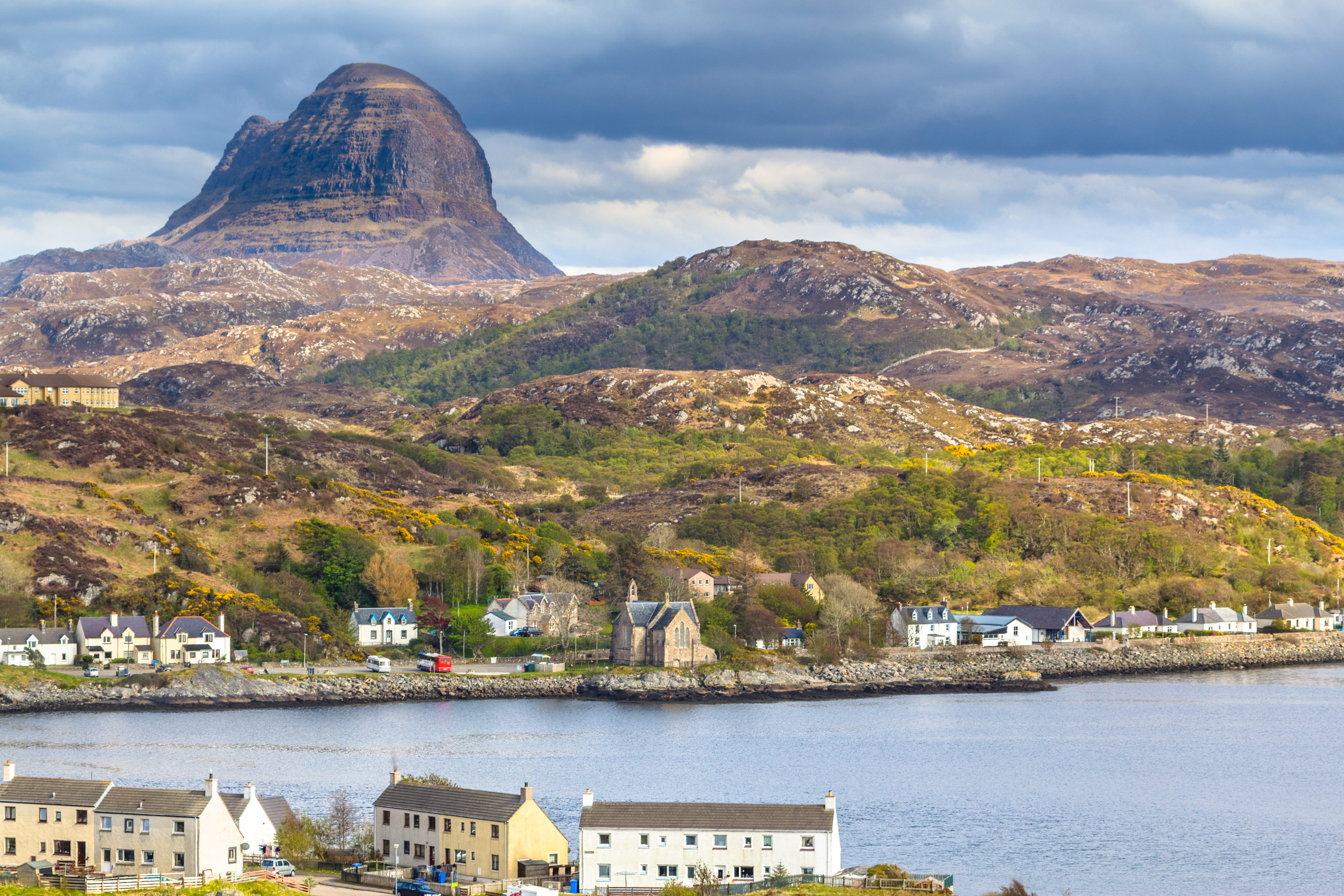 sky, nature, travel destinations, no people, moor, mountain range, built structure, building exterior, scotlant, lochinver, ocean, day, water, beauty in nature, HD Wallpaper