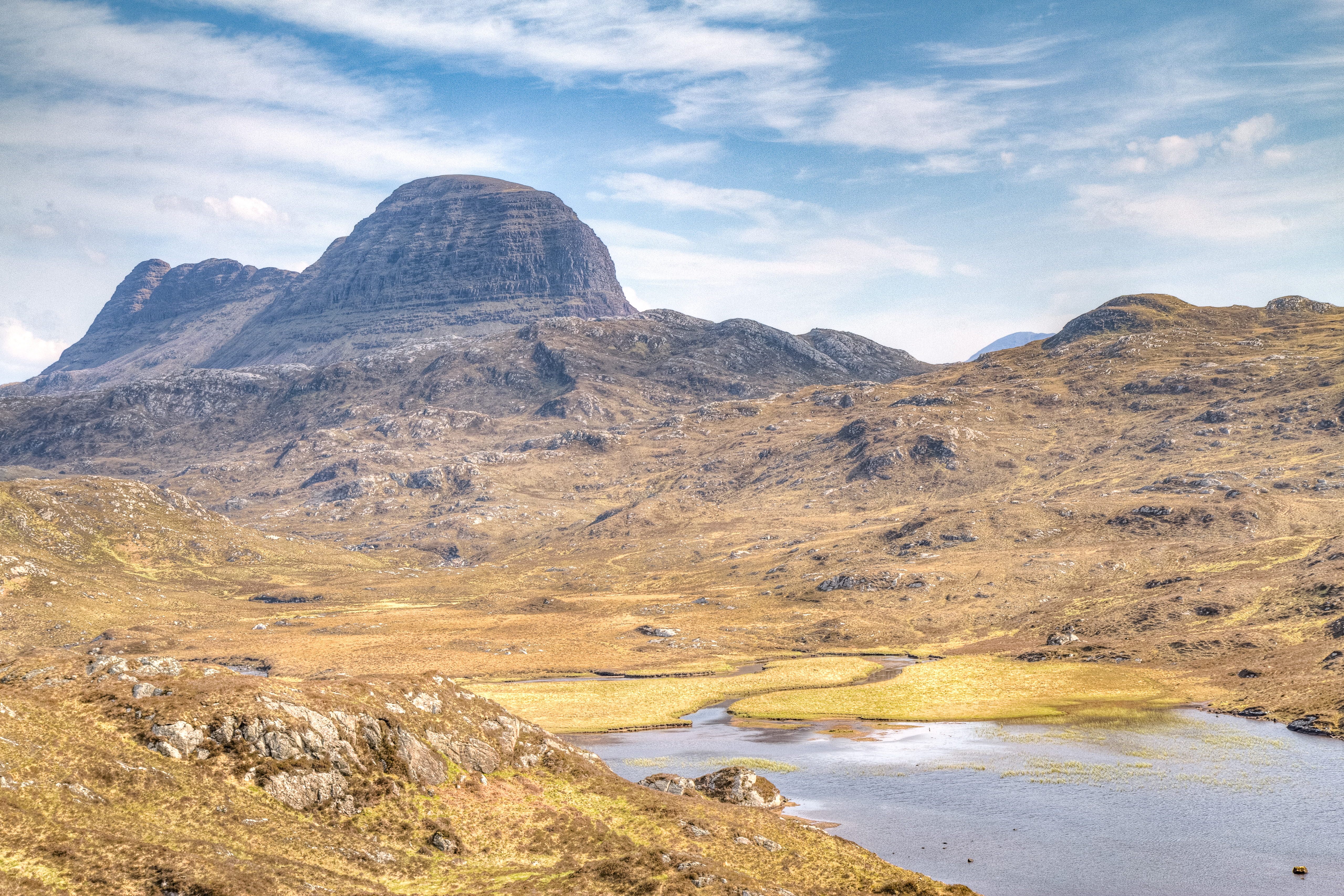 outdoors, tranquil scene, suilven, united kingdom, landscape, scenics - nature, environment, lake, nature, water, lochinver, rock, cloud - sky, non-urban scene, HD Wallpaper