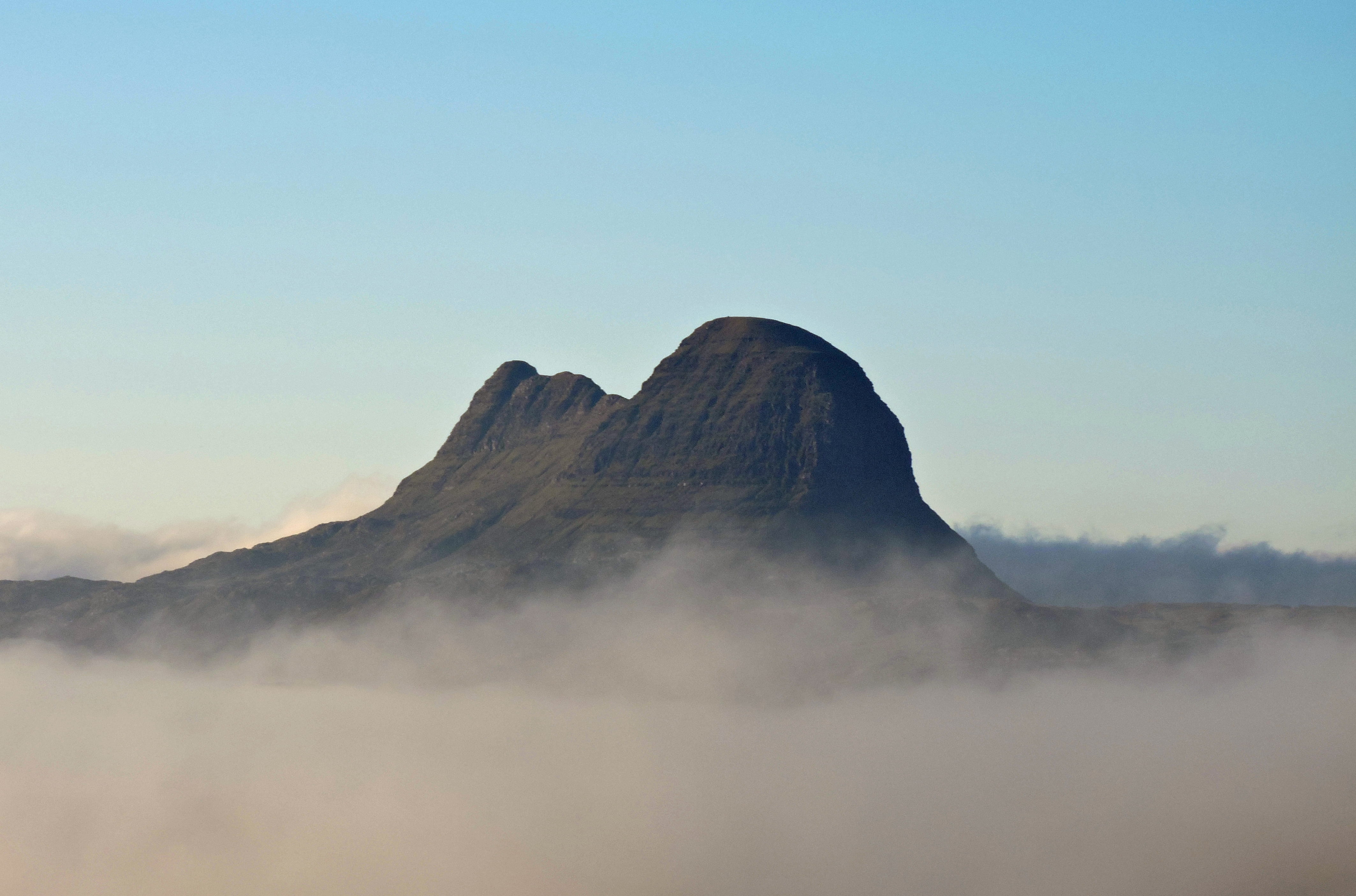 morning, covered, no people, volcano, remote, suilven, clouds, beauty in nature, copy space, idyllic, geology, rock, nature, mountain peak, mist, fog, non-urban scene, HD Wallpaper
