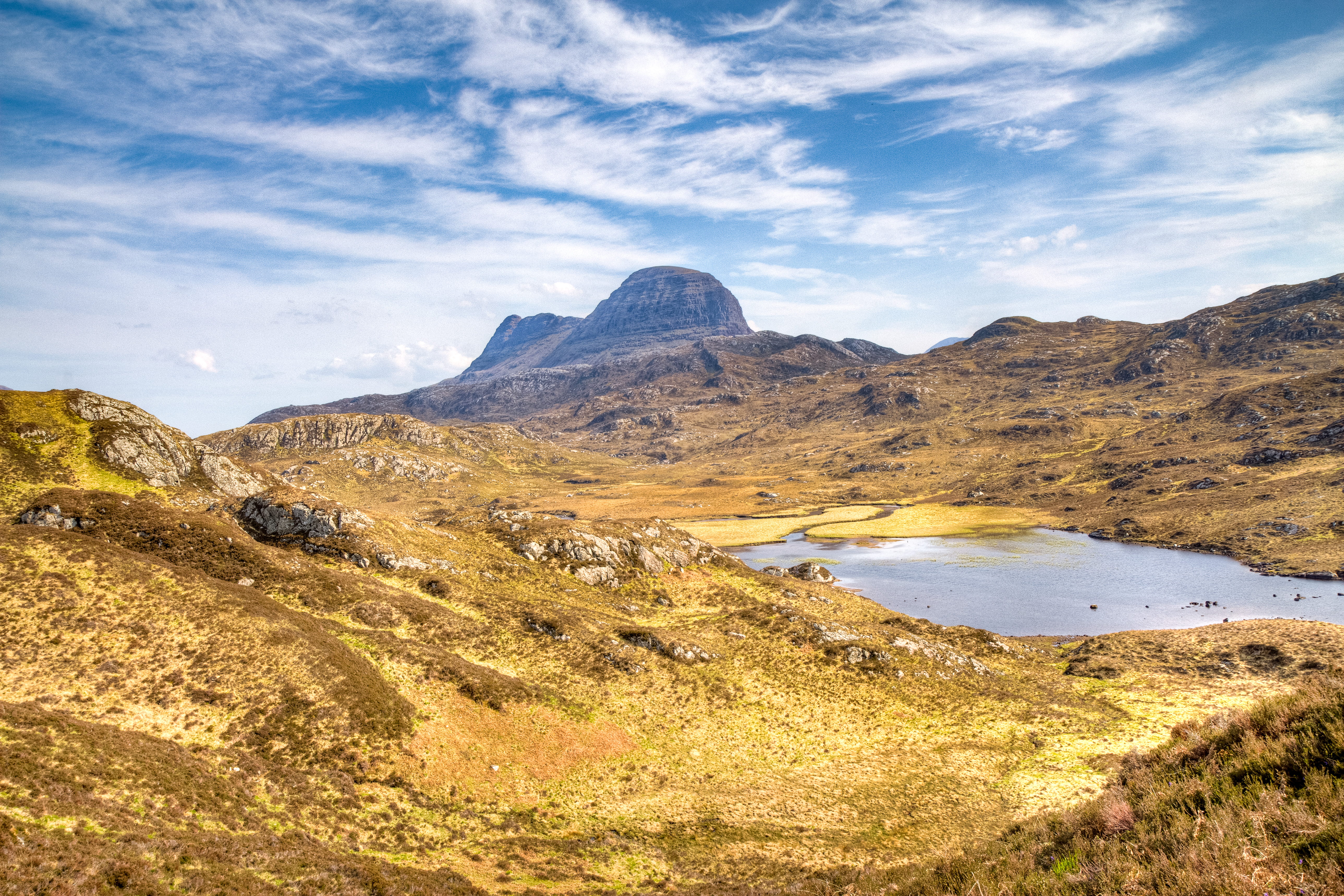 hill, scenics - nature, suilven, landscape, beauty in nature, cloud - sky, no people, environment, body, remote, cloud, mountain, non-urban scene, lake, HD Wallpaper