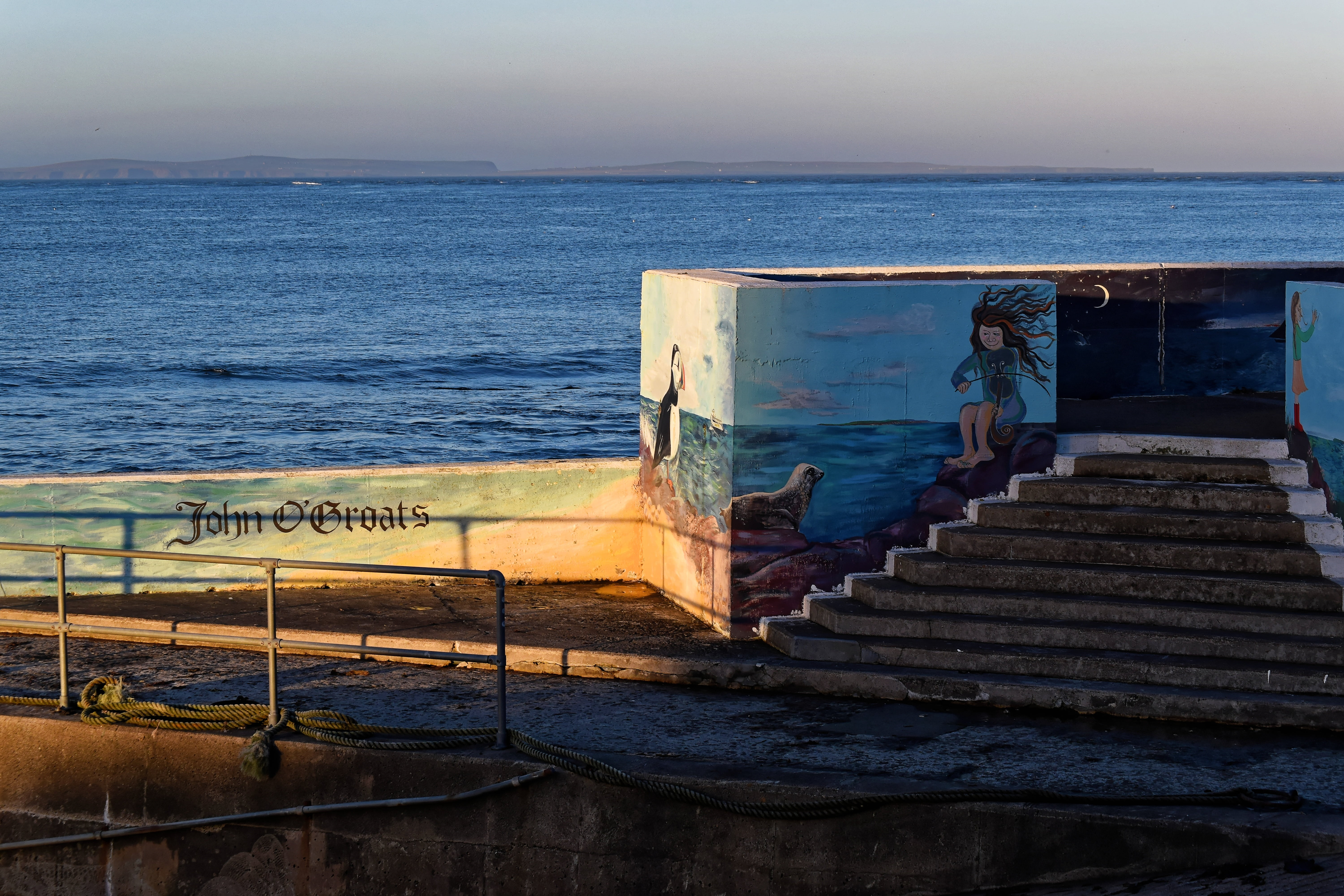 john, steps and staircases, no people, sunset, tranquility, horizon, railing, built structure, horizon over water, coastal, outdoor, tourist, uk, groats, HD Wallpaper