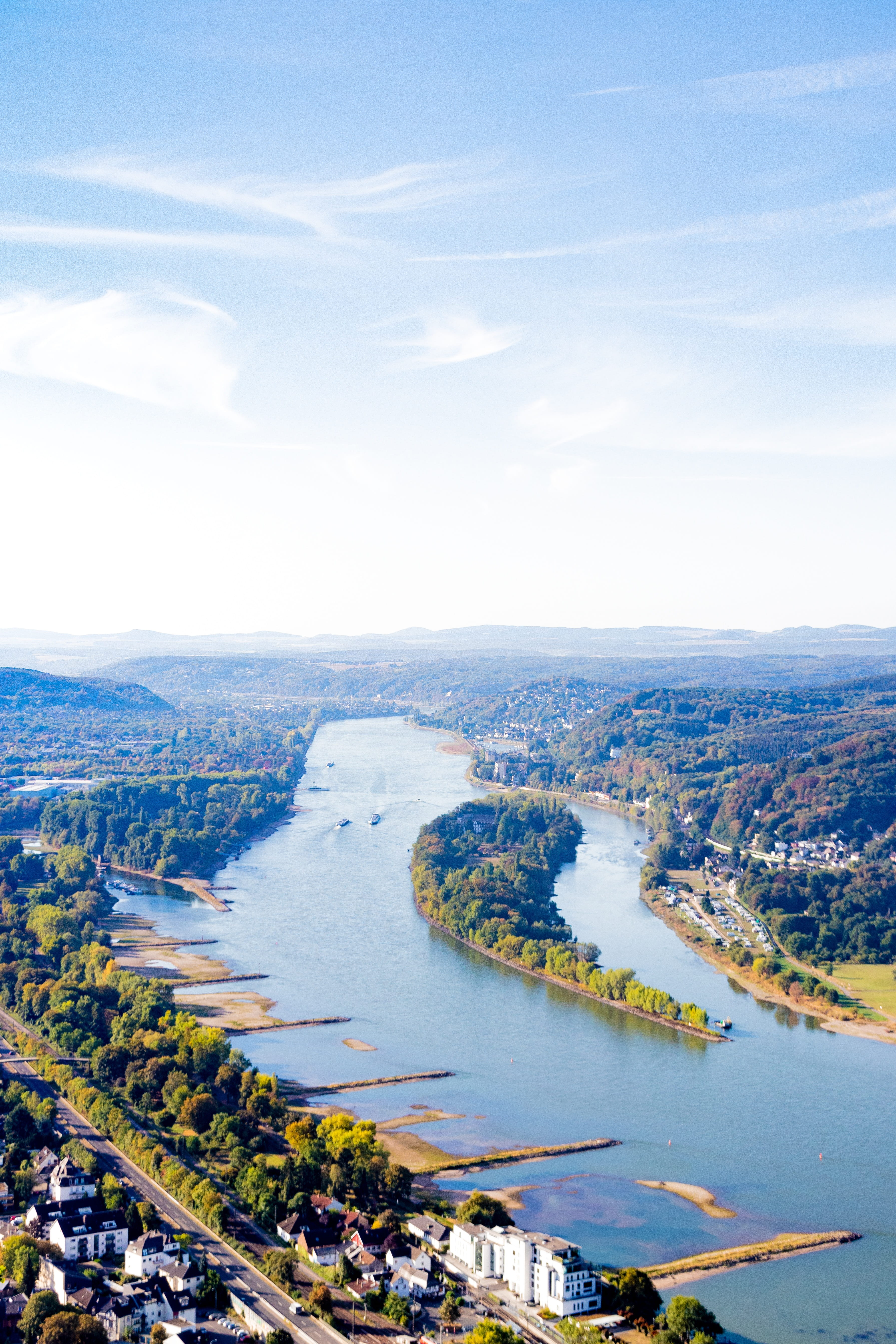 autumn, high angle view, architecture, landscape, shipping, siebengebirge, clouds, outdoors, cityscape, building exterior, water, river landscape, forest, Phone HD Wallpaper