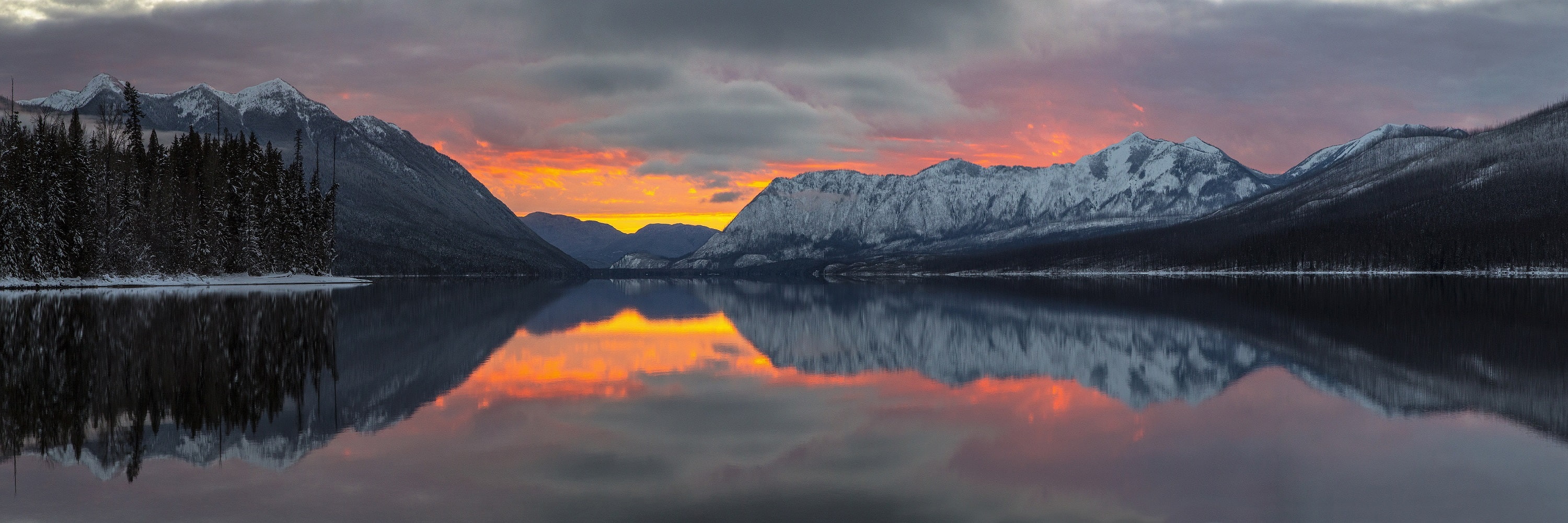 tranquil scene, cloud - sky, symmetry, mountain range, trees, environment, mountains, winter, beauty in nature, mountain, reflection, water, no people, HD Wallpaper