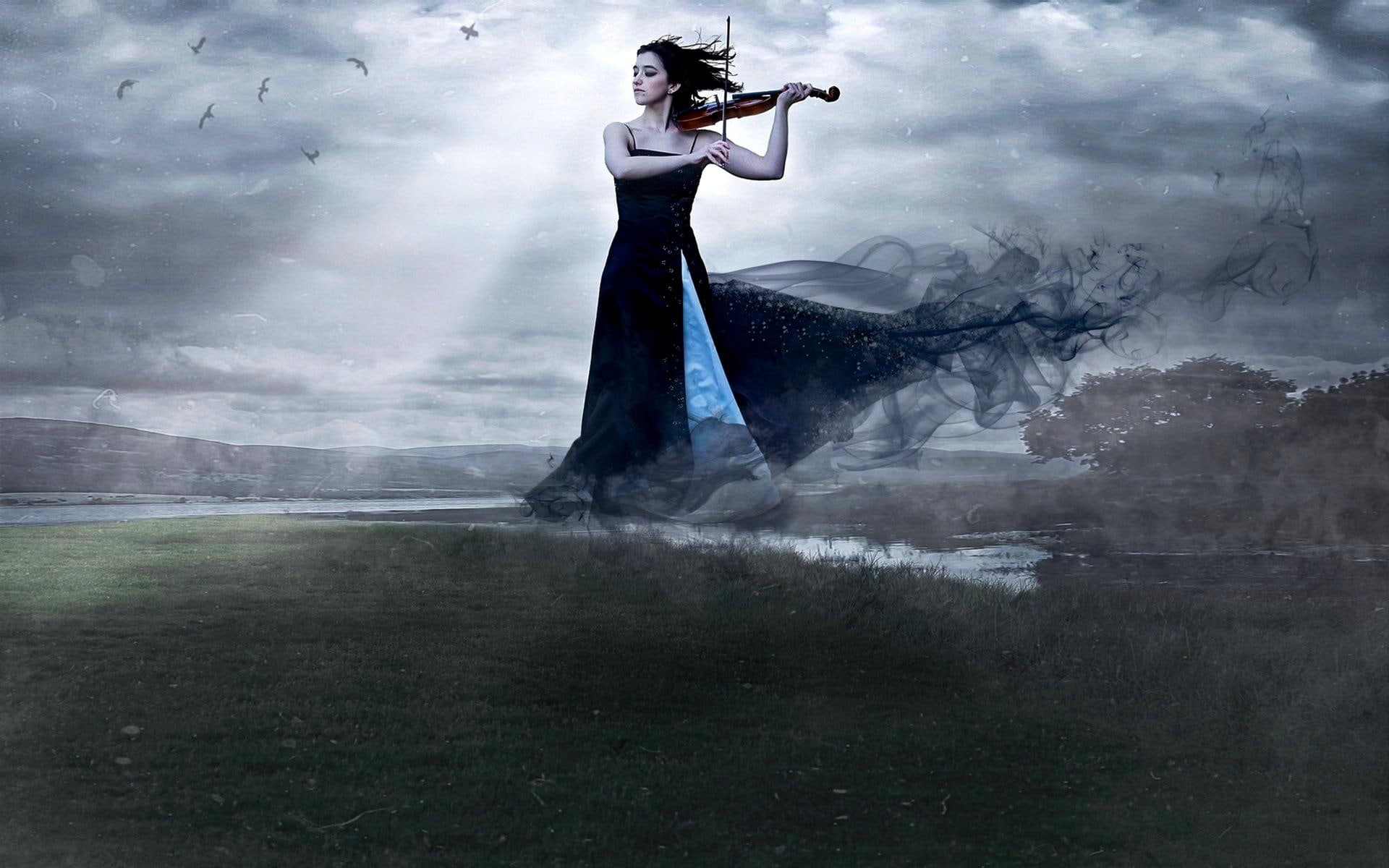 girl, 1080P, music, sound, 3d and abstract, style, violin, HD Wallpaper