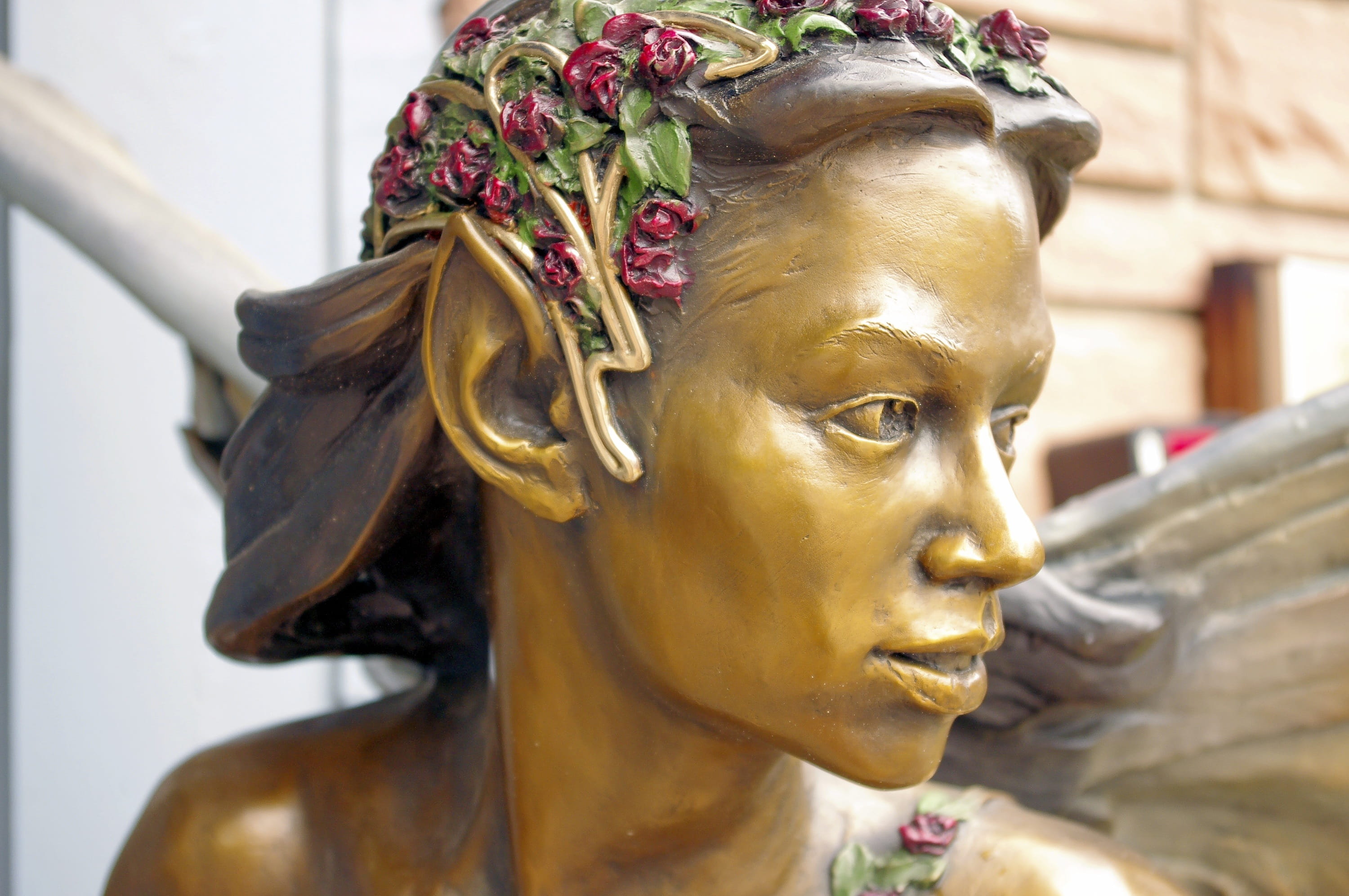 figure, sprite, flower, 2K, fairy, male likeness, nymph, artwork, portrait, bronze, cute, sculpture, craft, creativity, colorado, pixie, metal, fantasy, HD Wallpaper