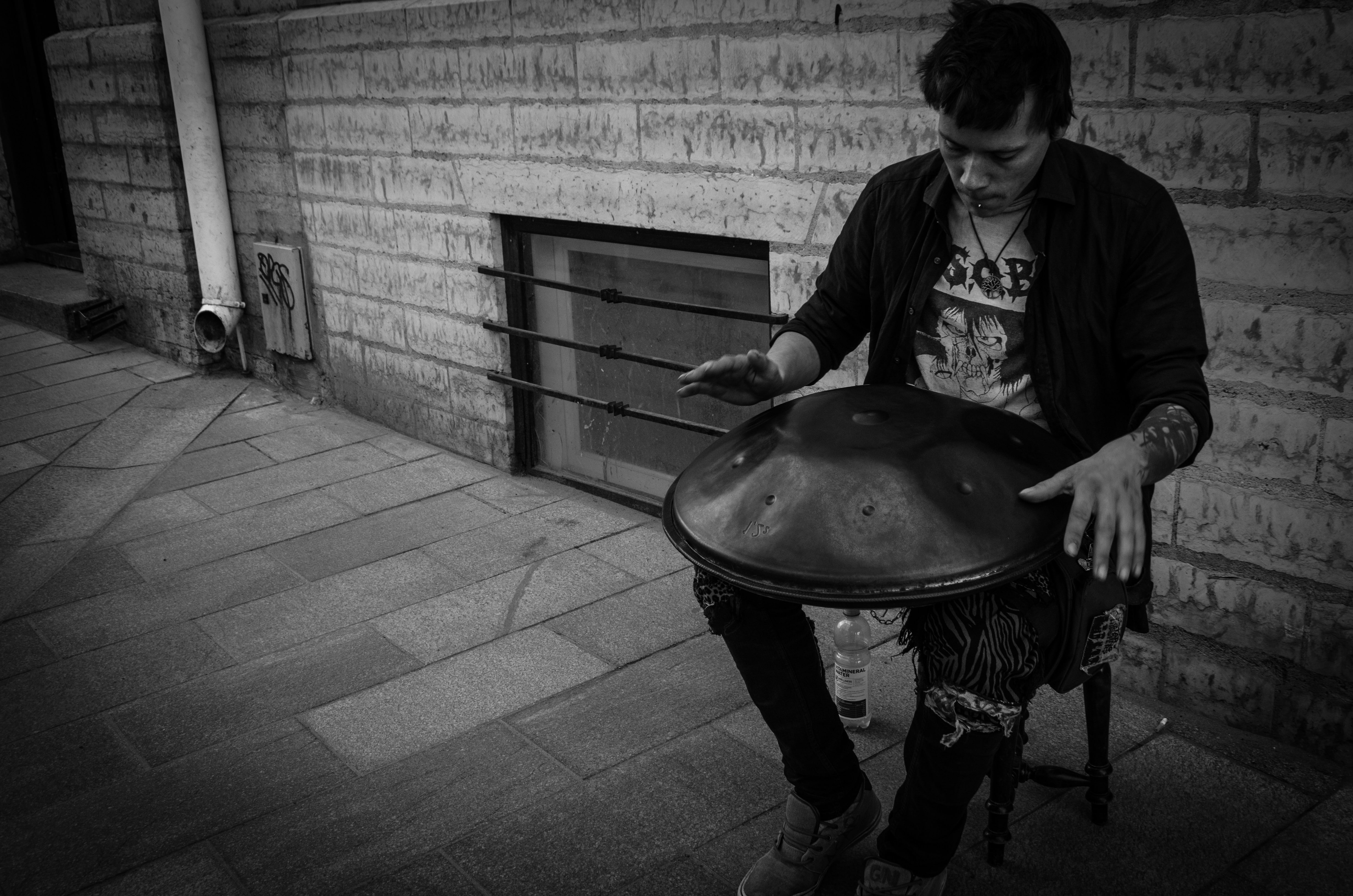 looking down, sitting, one person, 4K, music, musical equipment, front view, street music, musical instrument, day, casual clothing, musician, males, men, HD Wallpaper