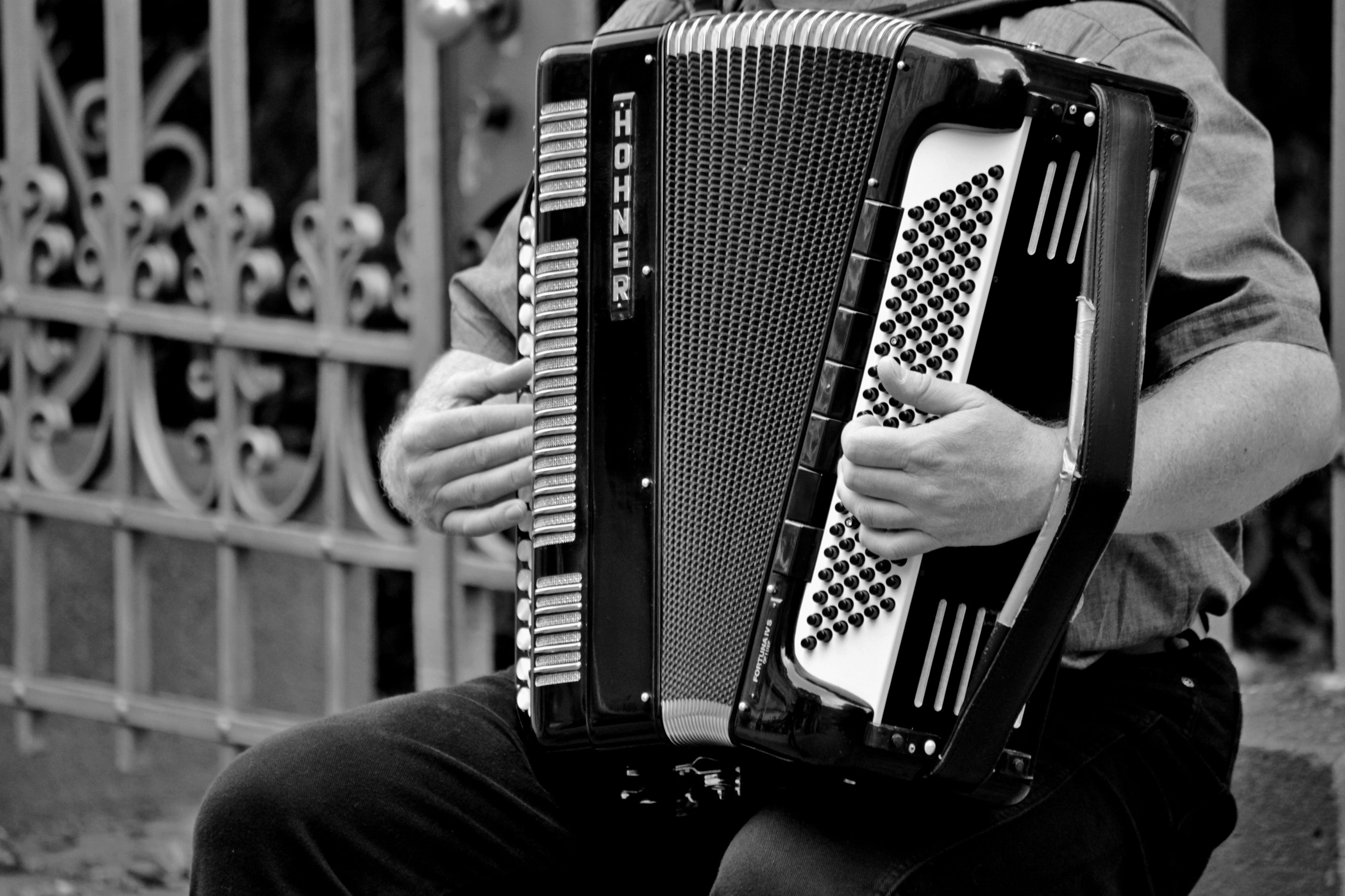 performance, musical instrument, playing, holding, accordion, one person, day, street musician, horner, men, musical, grayscale, focus on foreground, leisure activity, HD Wallpaper