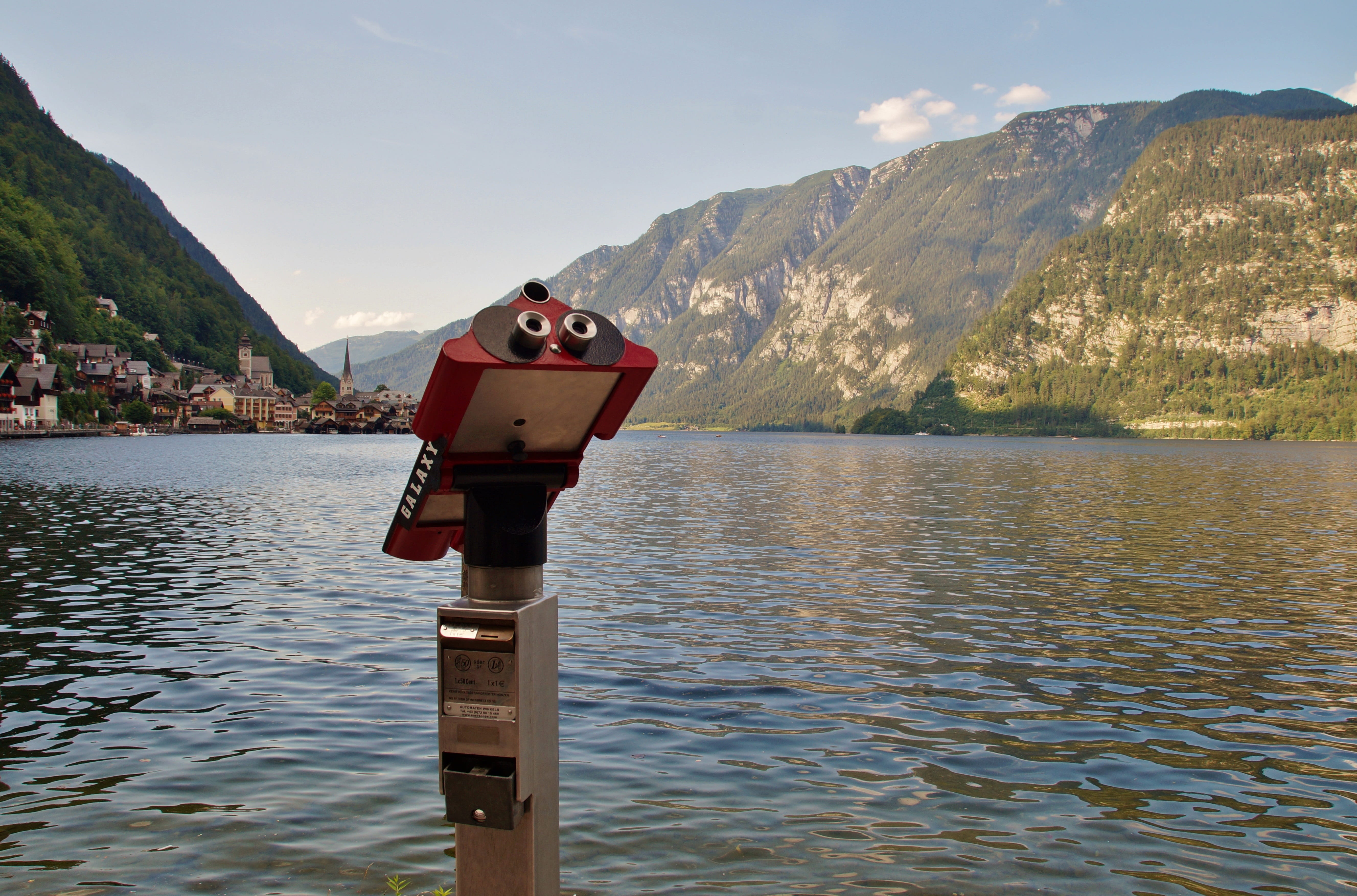 outdoors, watch, security, sky, summer, telescope, 5K, alps, visitors, sunset, hallstatt, waterfront, tourist, tranquil scene, water, mountain range, view, HD Wallpaper