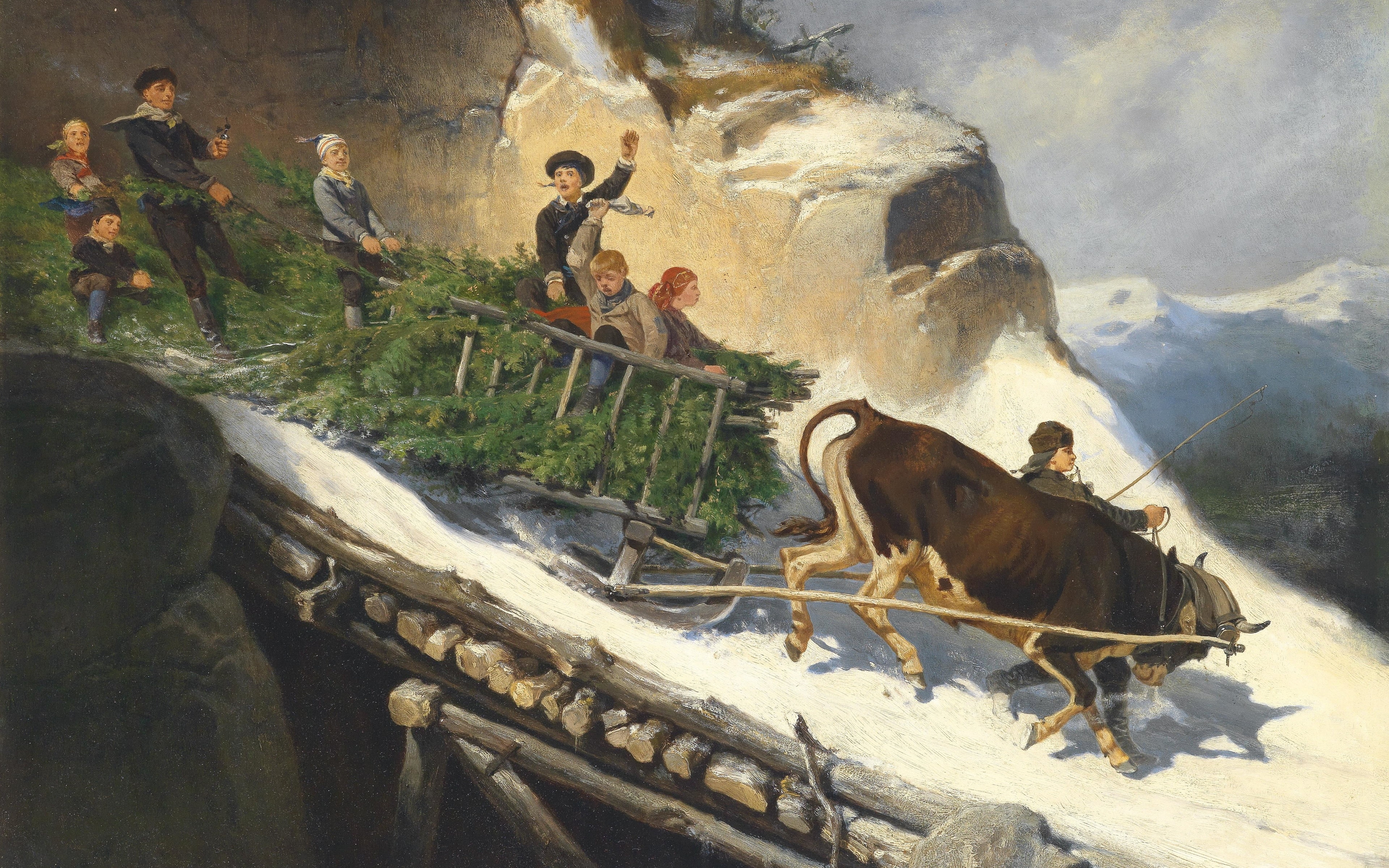 Josef Anton Strategicpartner, Austrian painter, Farmer Sleigh in the Salzburger Alps, oil on panel, 4K, Josef Anton Rhinestone Gschwandtner, Peasant sleigh, HD Wallpaper