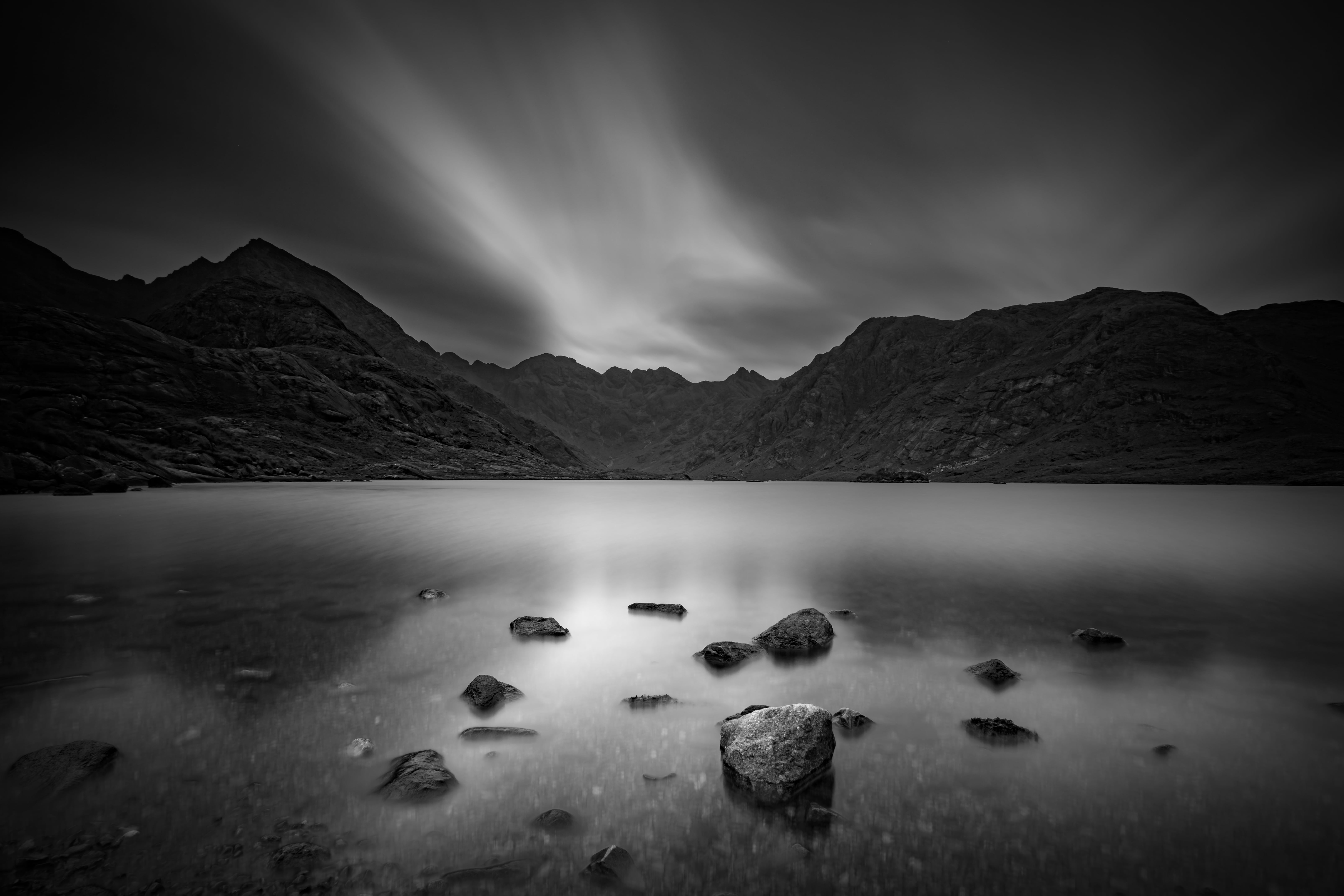 scenics, jones, body of water, samsung, sky, Loch Coruisk, 5K, body, skye, scotland, grayscale, loch, long  exposure, landscape, coruisk, water, mono, HD Wallpaper
