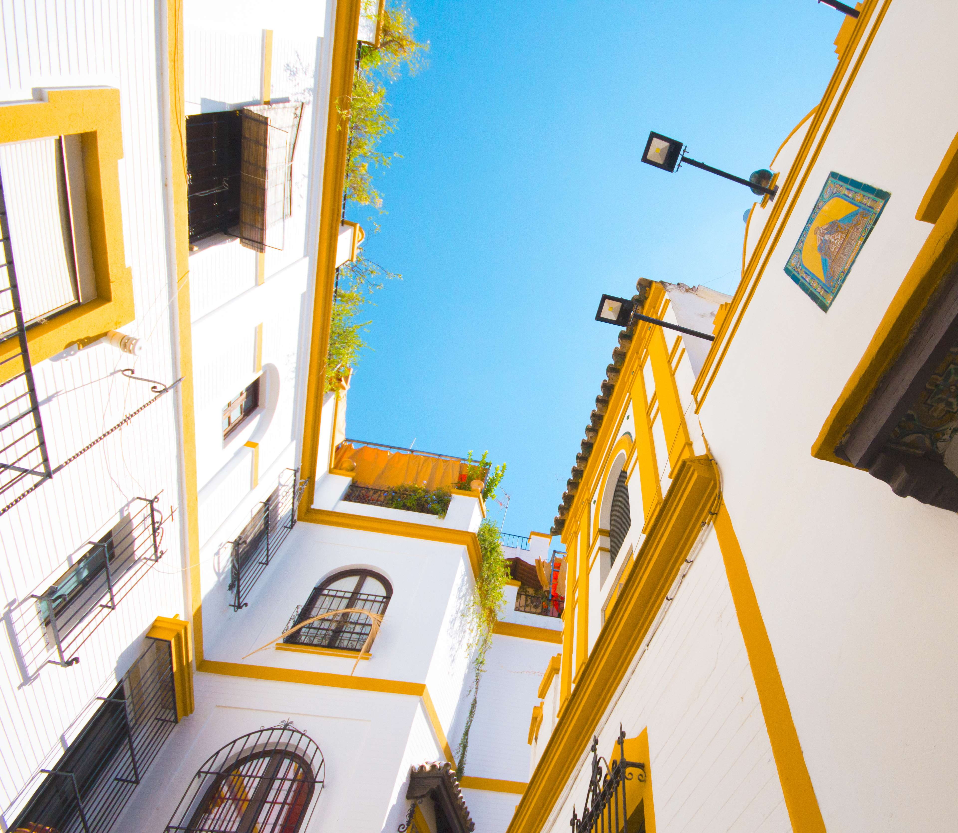 outdoors, window, seville, built structure, no people, clean, house, nature, sunlight, building, architecture, colourful, blue, balcony, low angle view, HD Wallpaper