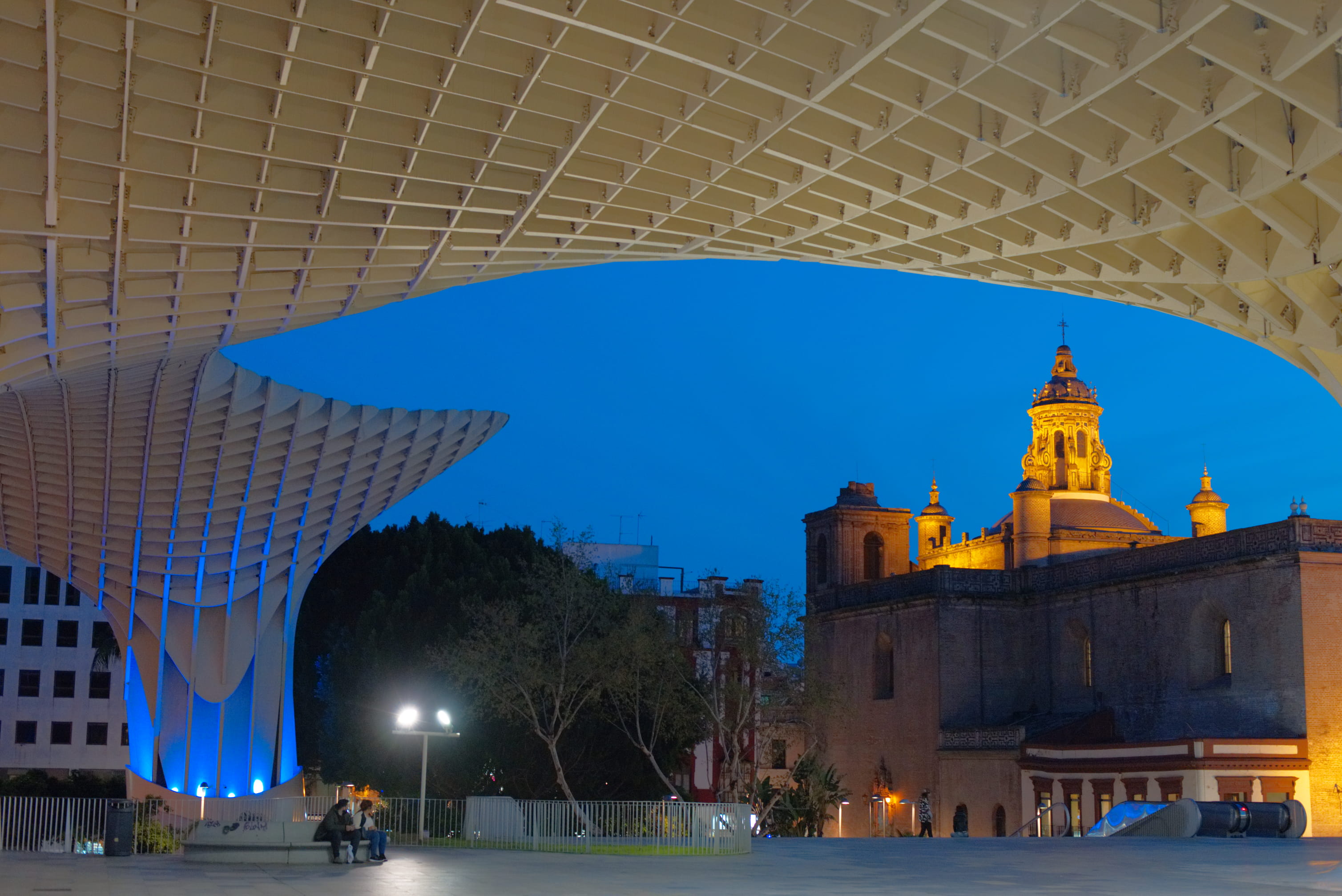 building exterior, blue hour, place of worship, 2K, dome, dusk, seville, city, spain, built structure, belief, plant, building, sevilla, nature, sky, travel destinations, HD Wallpaper