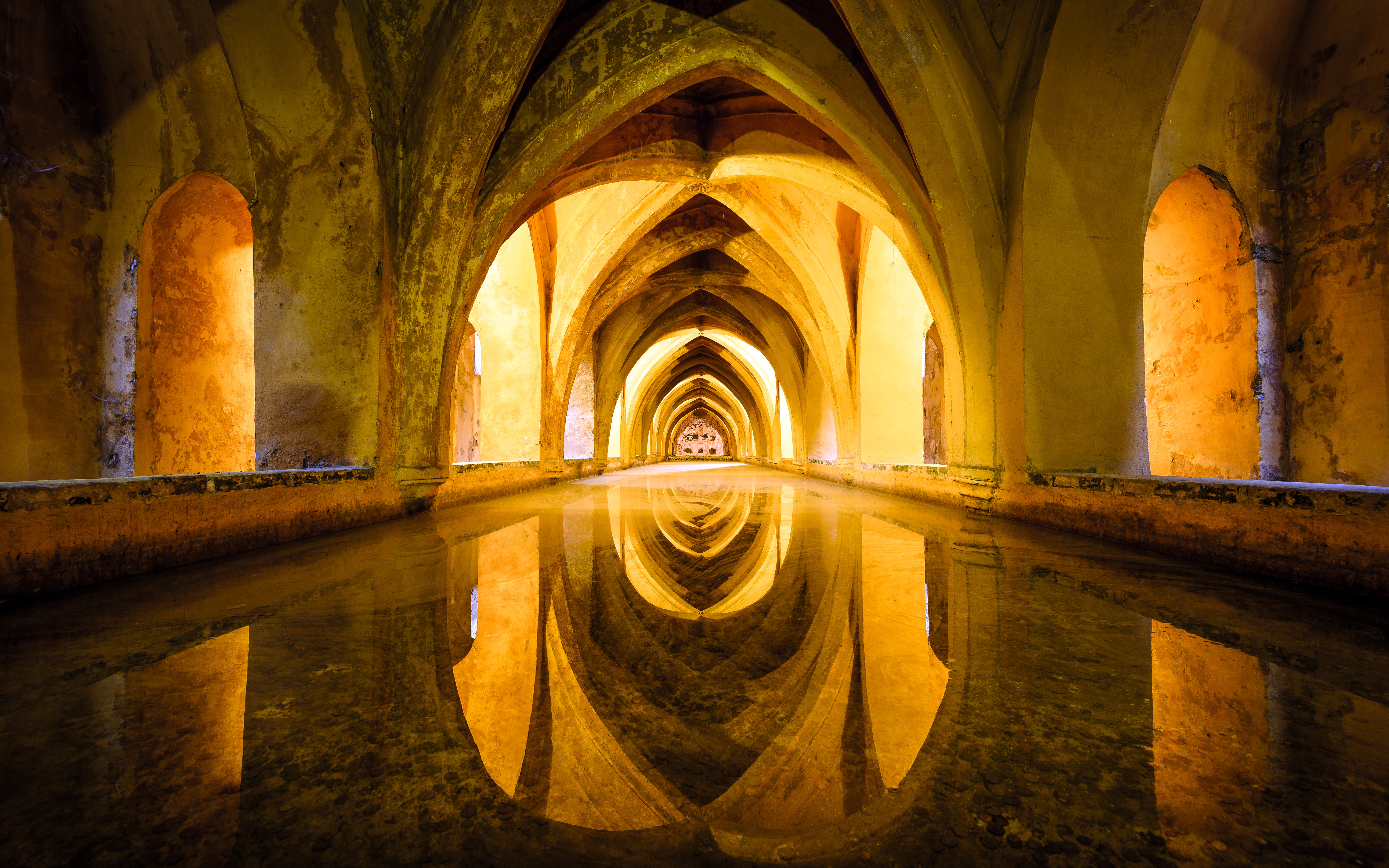illuminated, history, photography, yellow, old, orange, baths, architecture, travel destinations, sevilla, spain, indoors, reflection, religion, water, HD Wallpaper