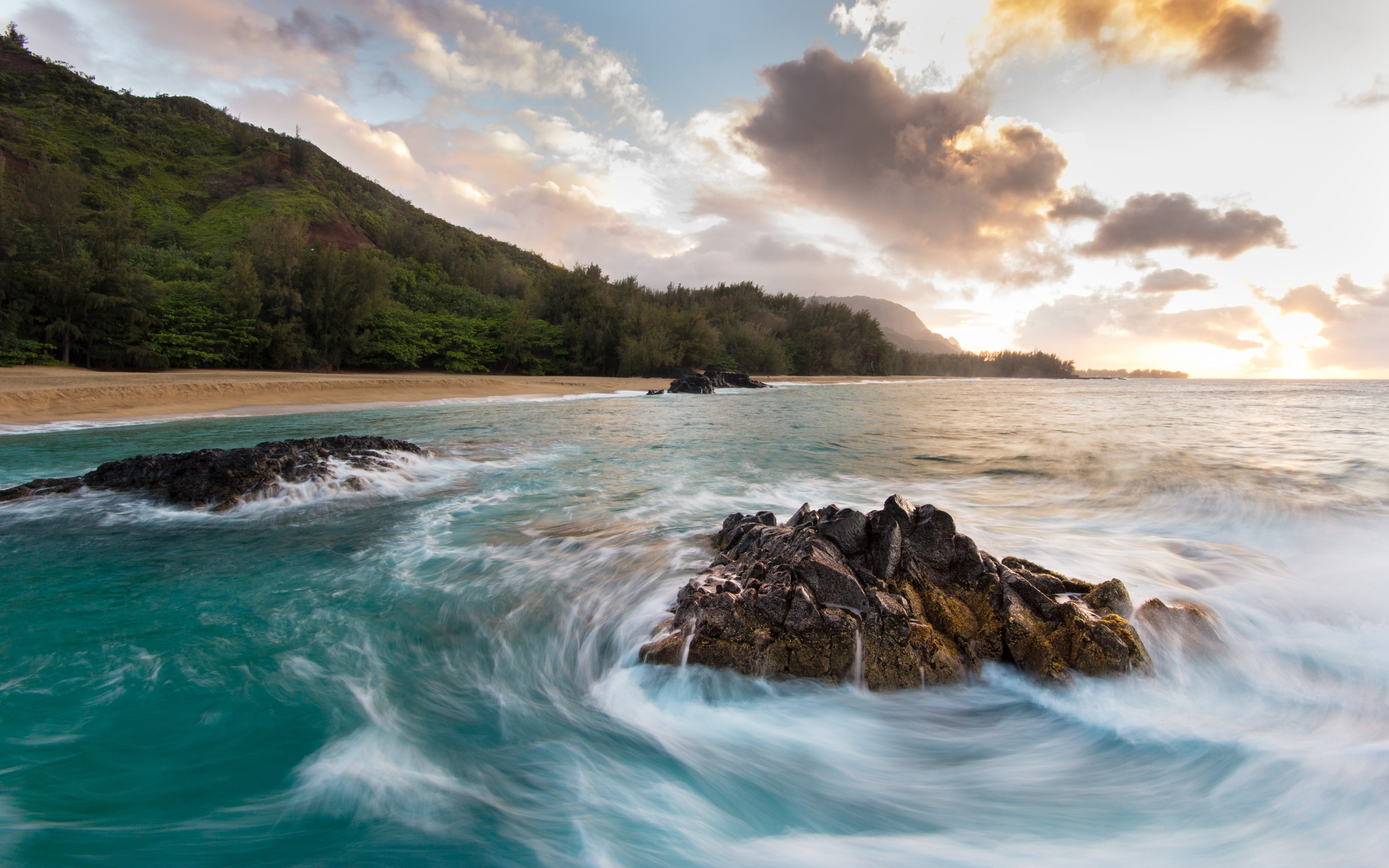 Hanalei Bay, turquoise, wave, chop, cloud - Sky, 4K, body, landscape, seascape, beach, sunset, nature, 60D, outdoors, North Shore, day, Lumahai Beach, HD Wallpaper