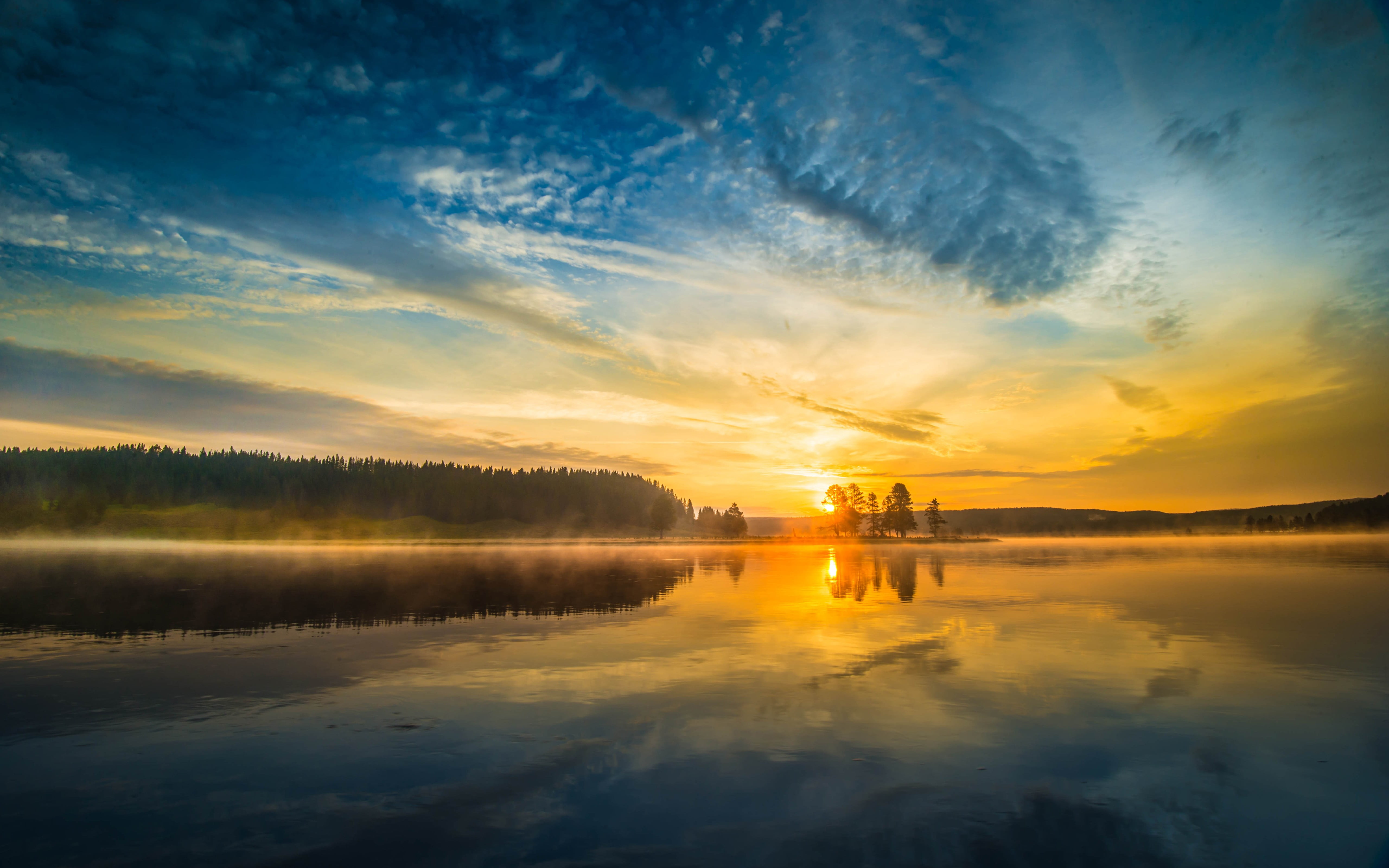 reflection, sea, scenics - nature, tranquil scene, dramatic sky, tree, 5K, green, beauty in nature, blue, orange color, cloud - sky, sun, mist, nature, HD Wallpaper