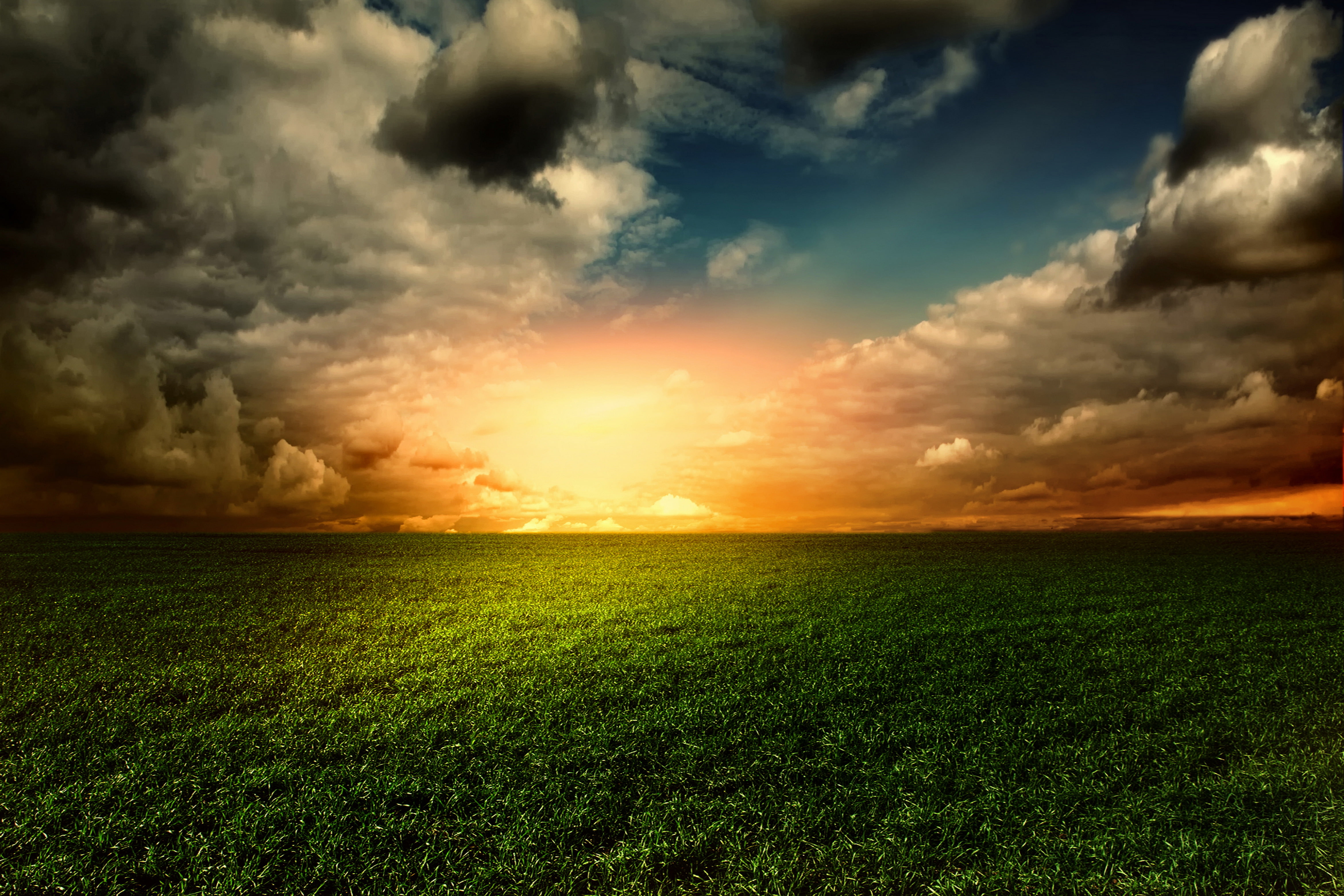 Landscape, 4K, Clouds, Green Grass, Golden Sky, HD Wallpaper