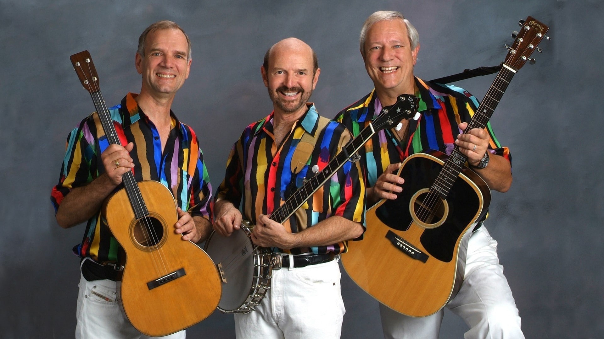musical instrument, Band, The kingston trio, Shirts, musician, adult, holding, standing, Smile, 1080P, looking at camera, arts culture and entertainment, HD Wallpaper