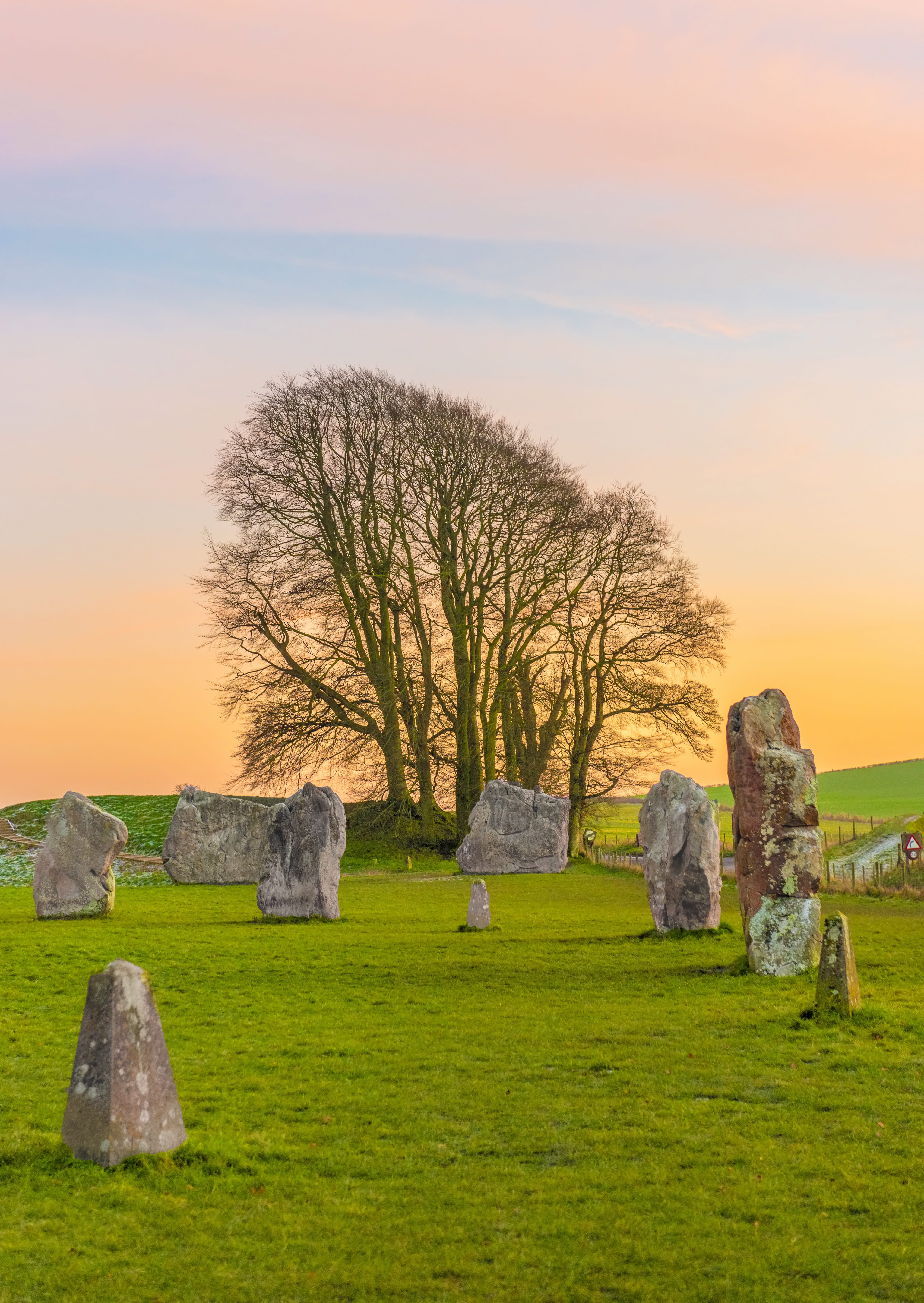 environment, history, grassland, cloud - sky, grass, beauty in nature, stone, sunset, bare tree, trees, outdoors, land, nature, non-urban scene, stones, Phone HD Wallpaper