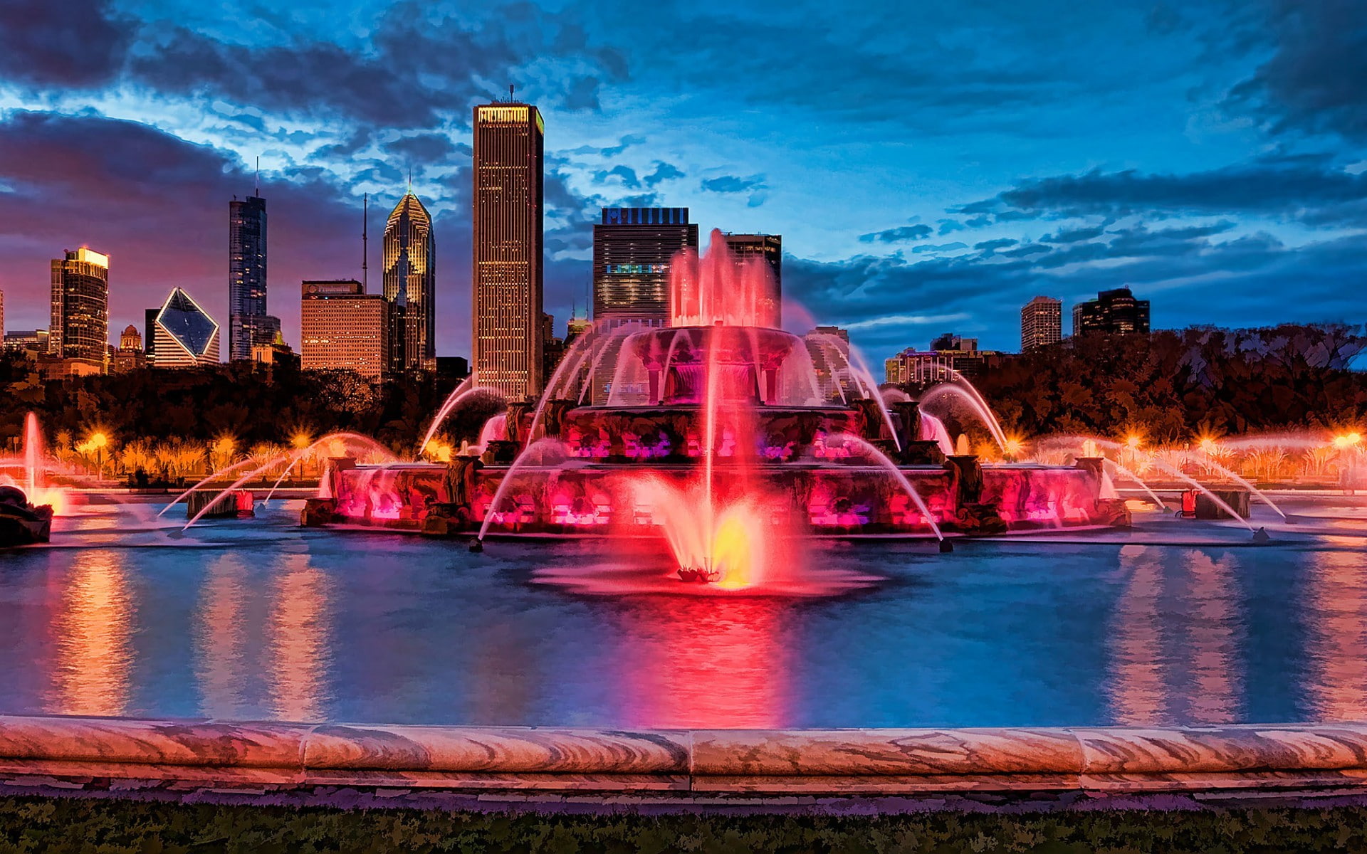 1080P, Chicago, city, skyscraper, water, fountain, HD Wallpaper