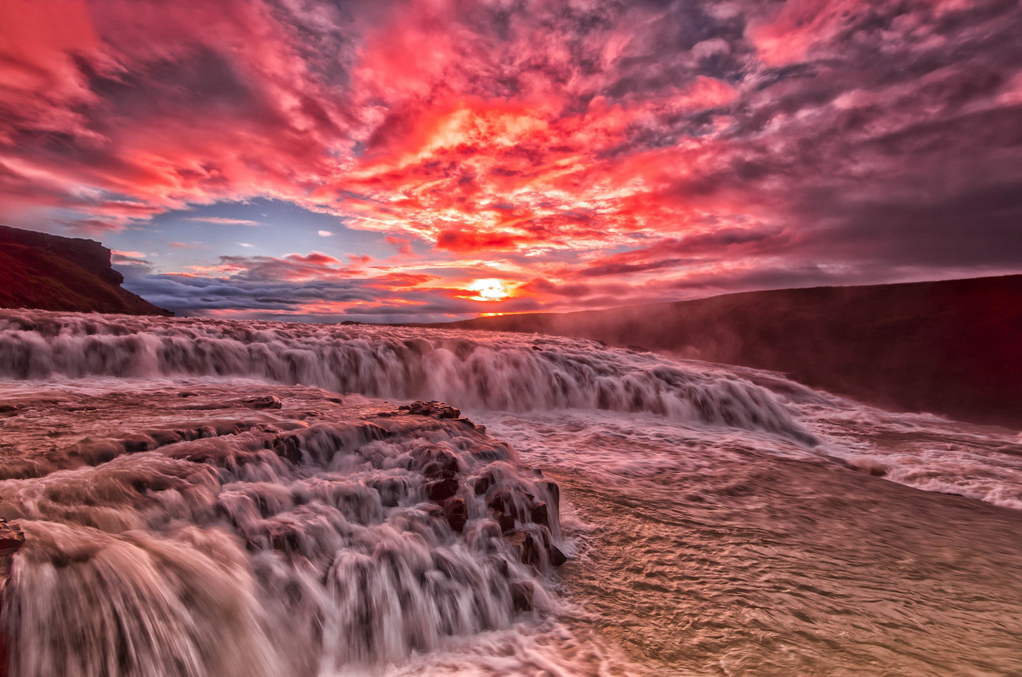 1080P, rapids, stream, glow, river, Sunset, clouds, HD Wallpaper