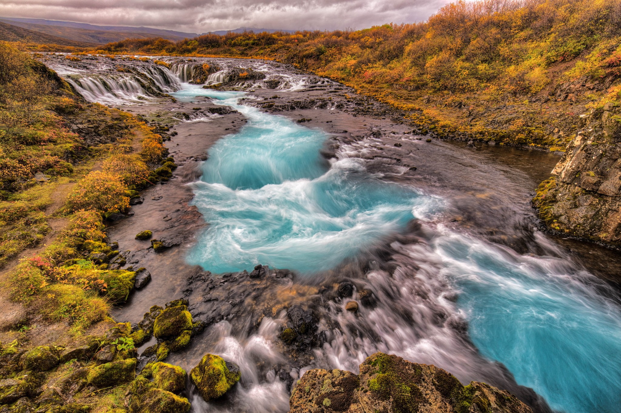 mountains, 1080P, trees, stream, autumn, river, sky, rapids, HD Wallpaper