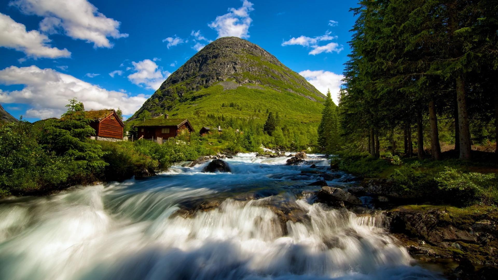 house, mountain, nature and landscapes, rapids, norway, rapid, 1080P, clouds, stream, HD Wallpaper