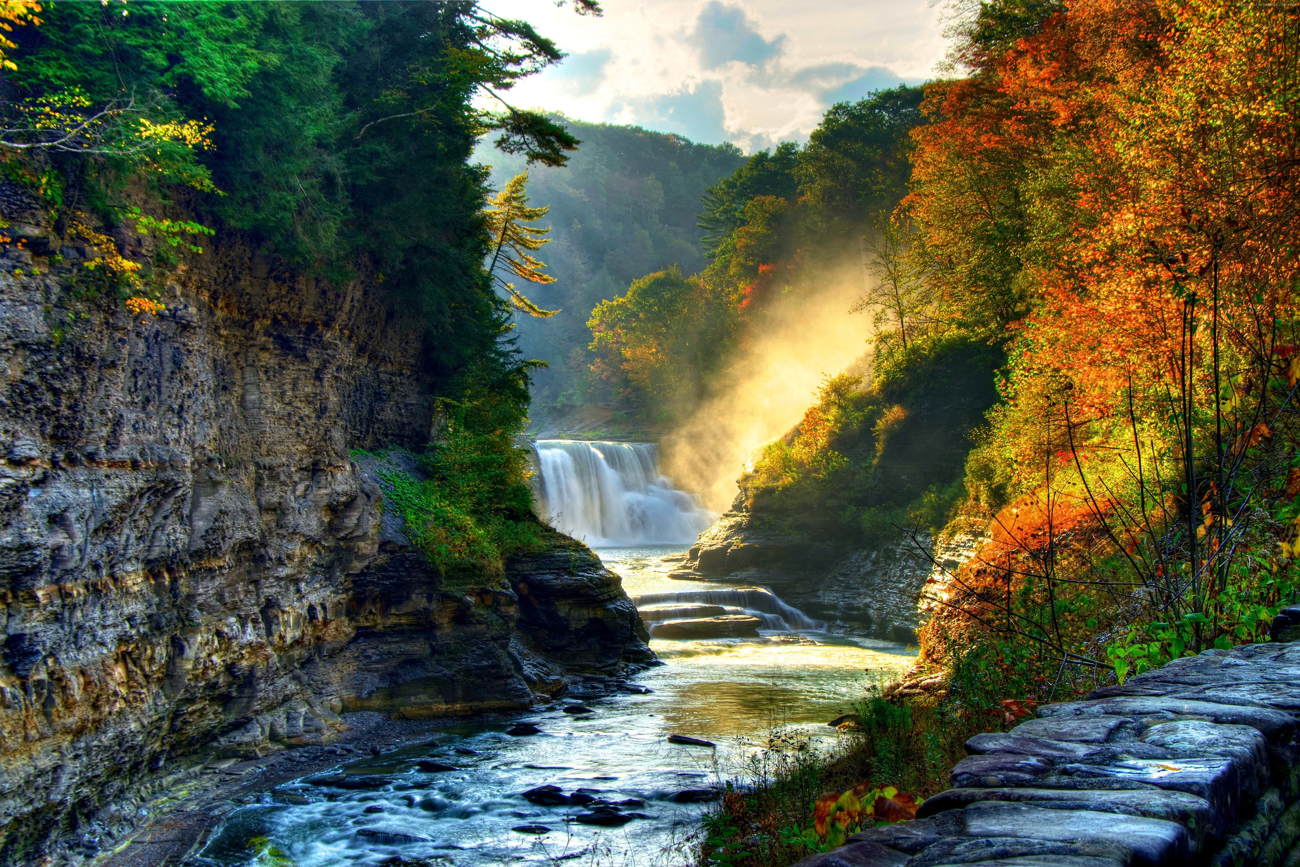 cascade, forest, autumn, trees, rapids, sun, stones, beauty, rocks, 4K, river, flow, waterfall, HD Wallpaper