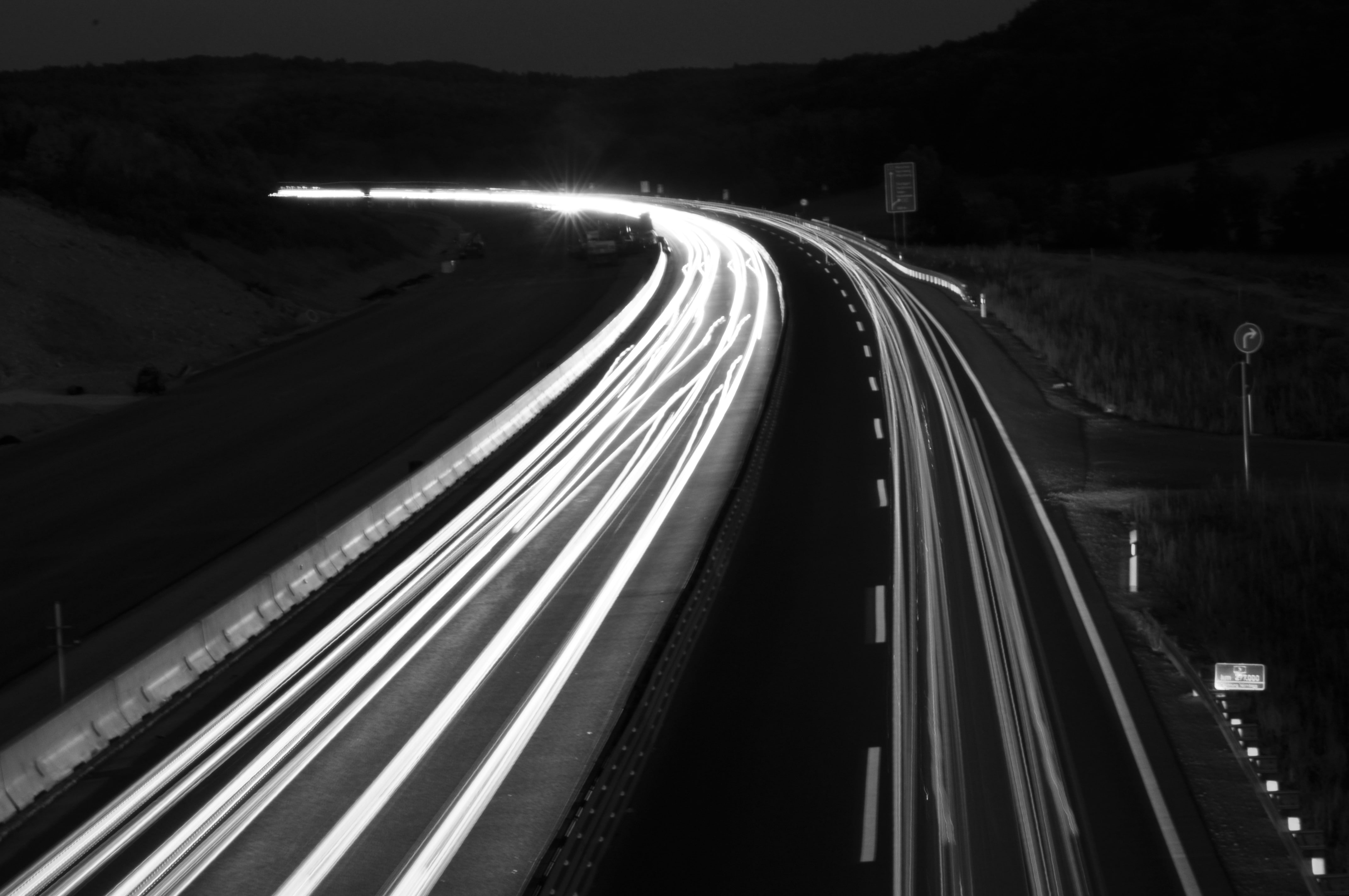 monochrome, 4K, night, traffic, long exposure, road, HD Wallpaper