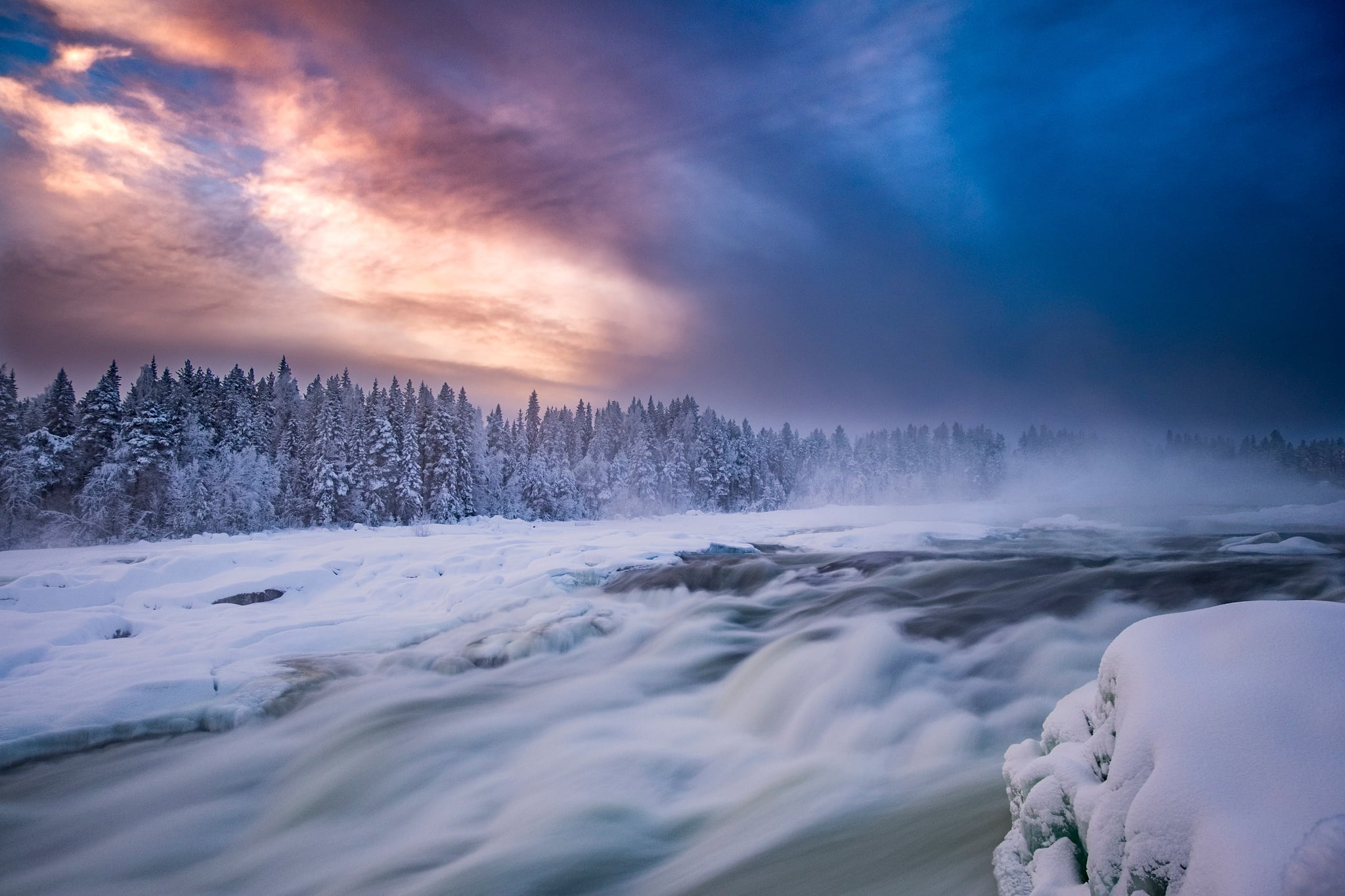 no people, land, cold temperature, Norrbotten, 1080P, thresholds, sunset, ice, outdoors, winter, snowcapped mountain, Pite River, The Storforsen Rapids Rapids, HD Wallpaper