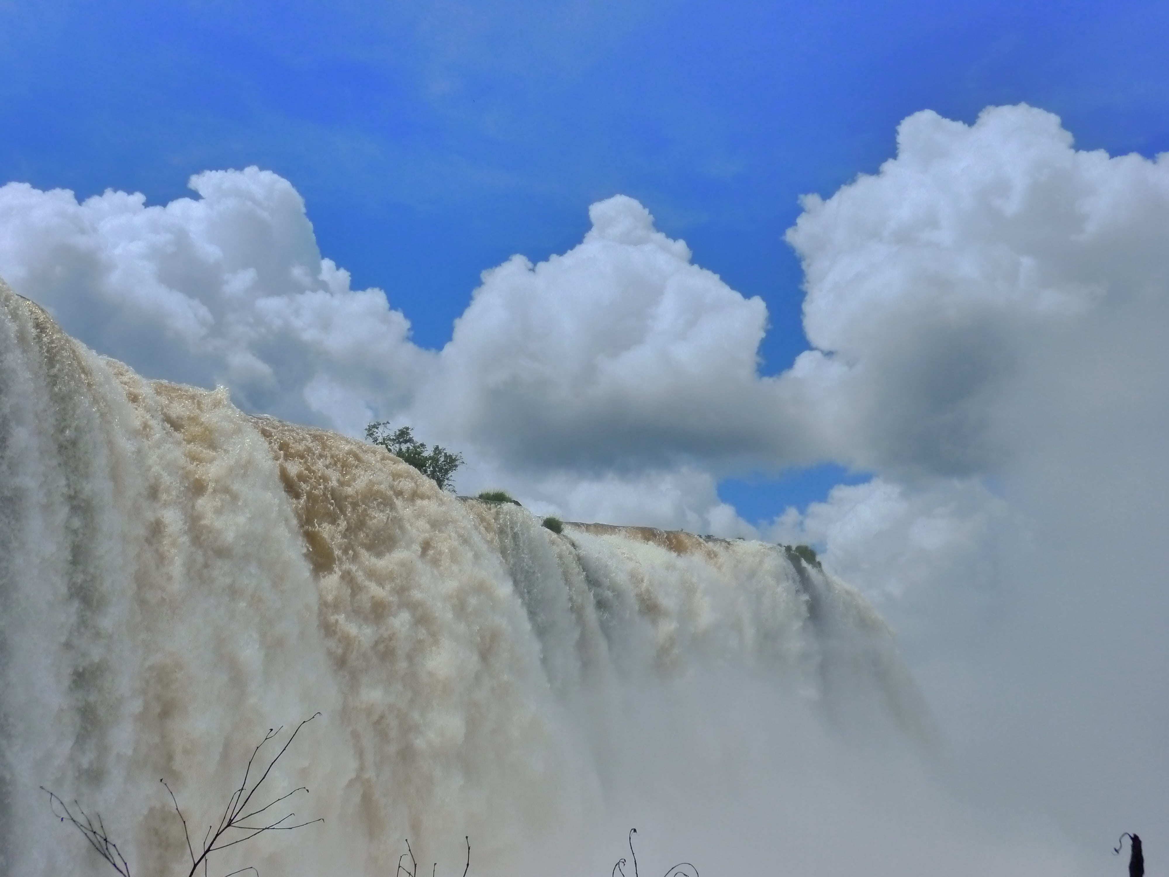 environment, tranquility, blue, smoke - physical structure, day, beauty in nature, mountain, cloud - sky, waterfall, argentina, outdoors, iguazu, low angle view, HD Wallpaper