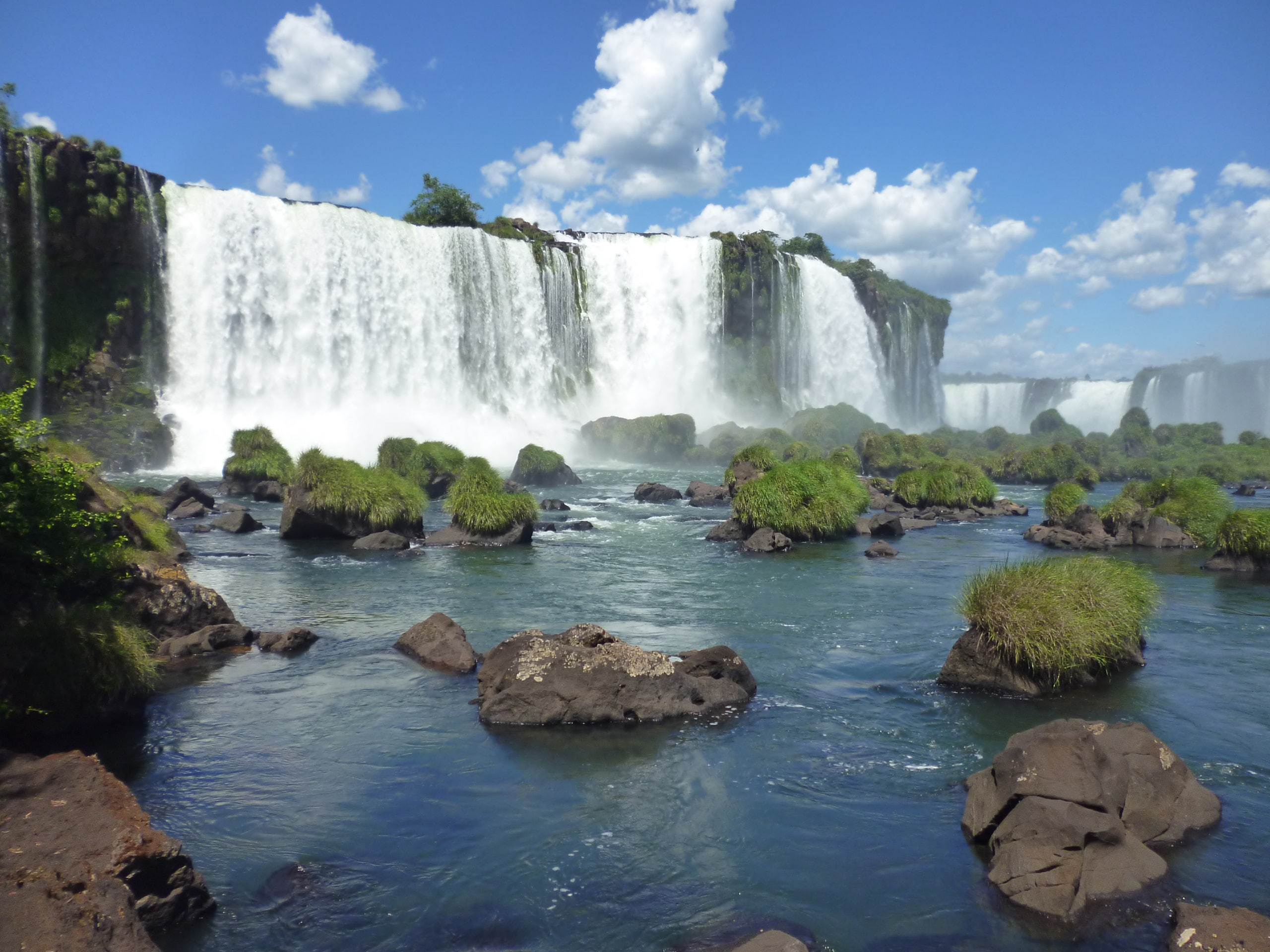 Falls, Sky, Blue, Brazilian, Iguazu, Clouds, 2K, Stones, Grass, HD Wallpaper