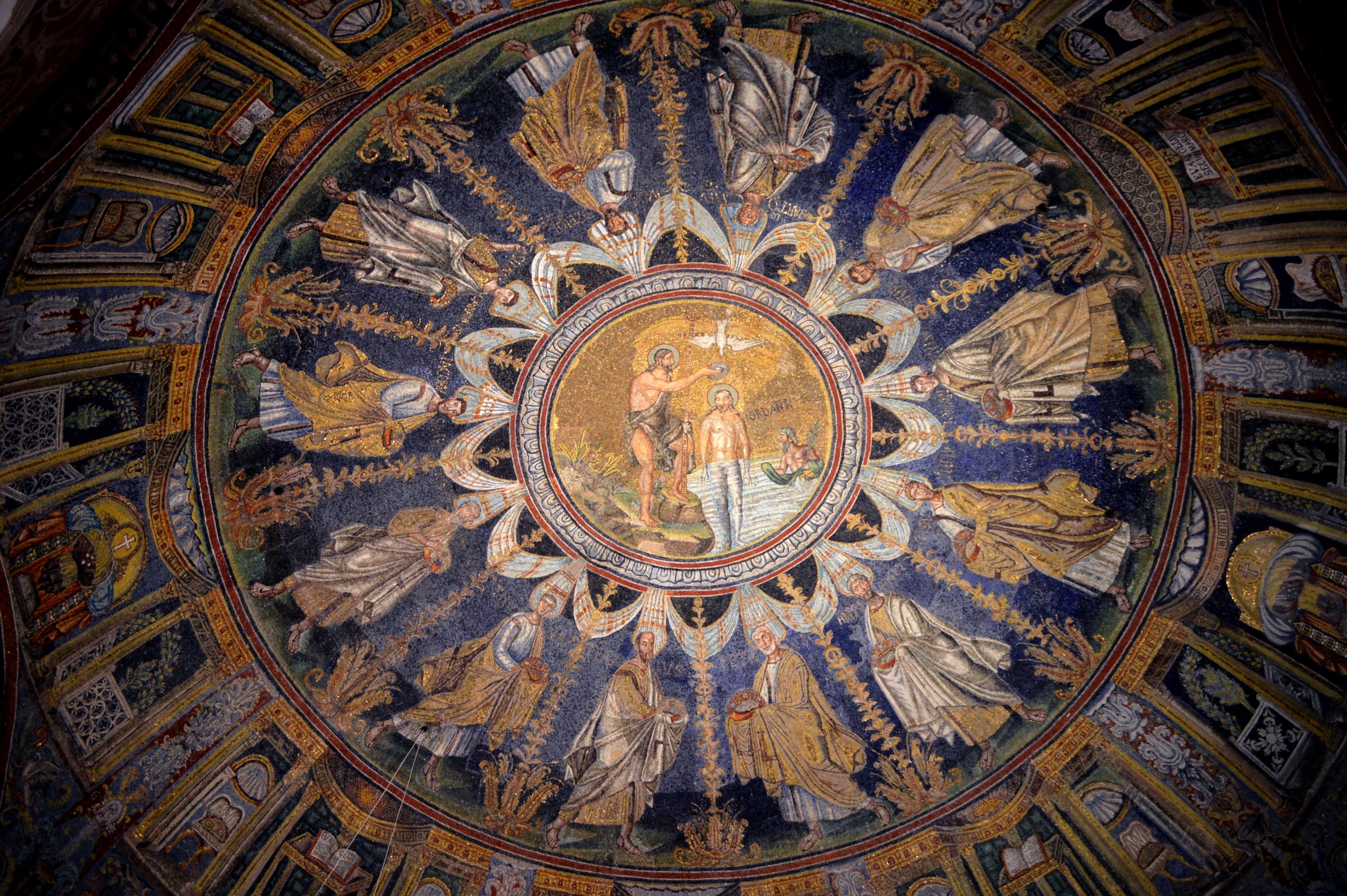 low angle view, no people, human representation, fresco, ravenna, art and craft, representation, history, religion, mosaic, belief, architecture, cupola, HD Wallpaper