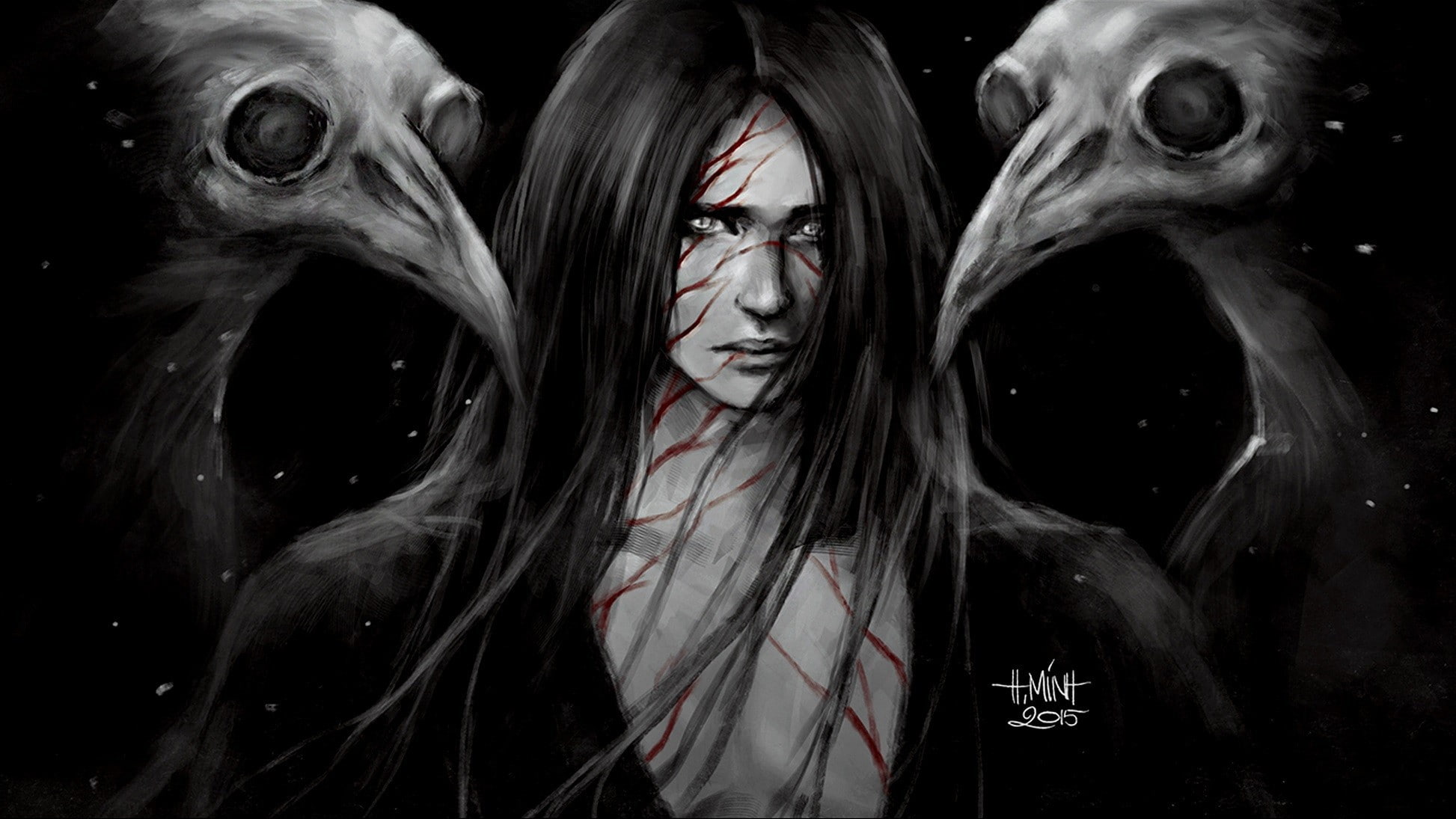 man, artwork, fantasy, 1080P, evil, hair, long, art, sketch, 1946x1095, fantasy art, HD Wallpaper