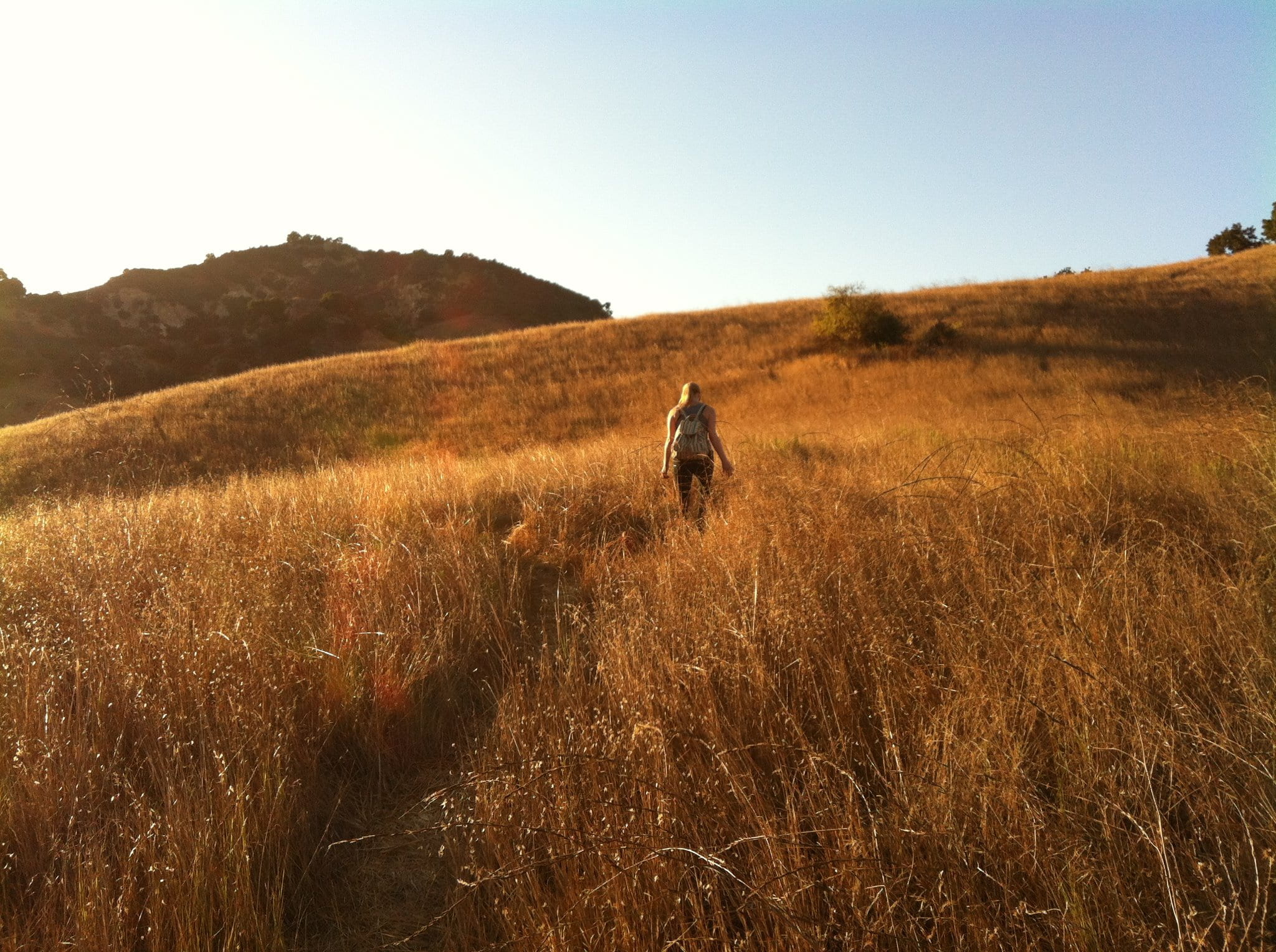 landscape, hiking, mountains, plant, sky, tranquil scene, fields, outdoors, grass, land, real people, woman, white, lady, sunlight, brown, walking, rear view, HD Wallpaper