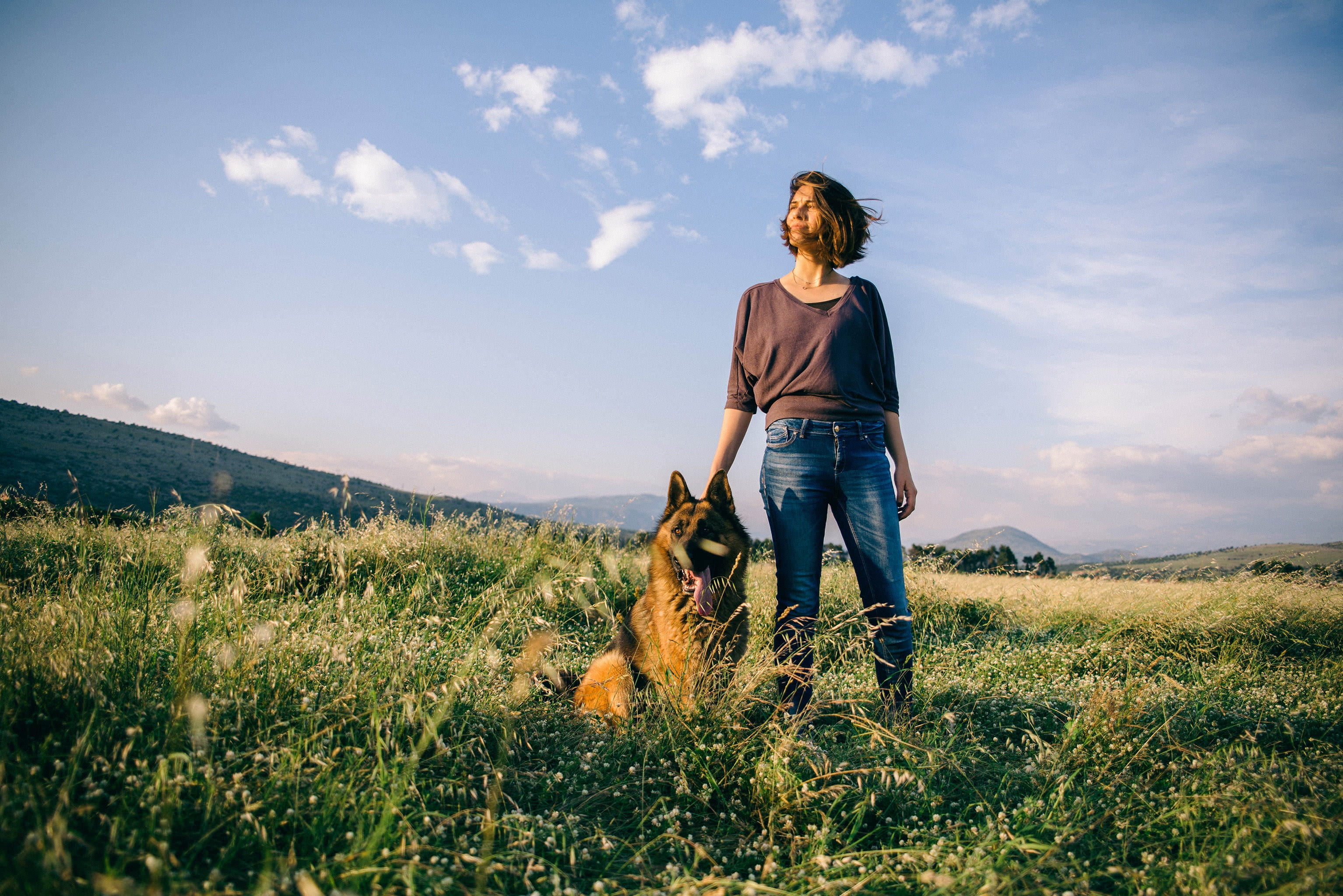 outdoors, german shepherd, domestic, daylight, german, daytime, shepherd, leisure, grasslands, landscape, canine, wearing, plant, beautiful, hills, person, HD Wallpaper