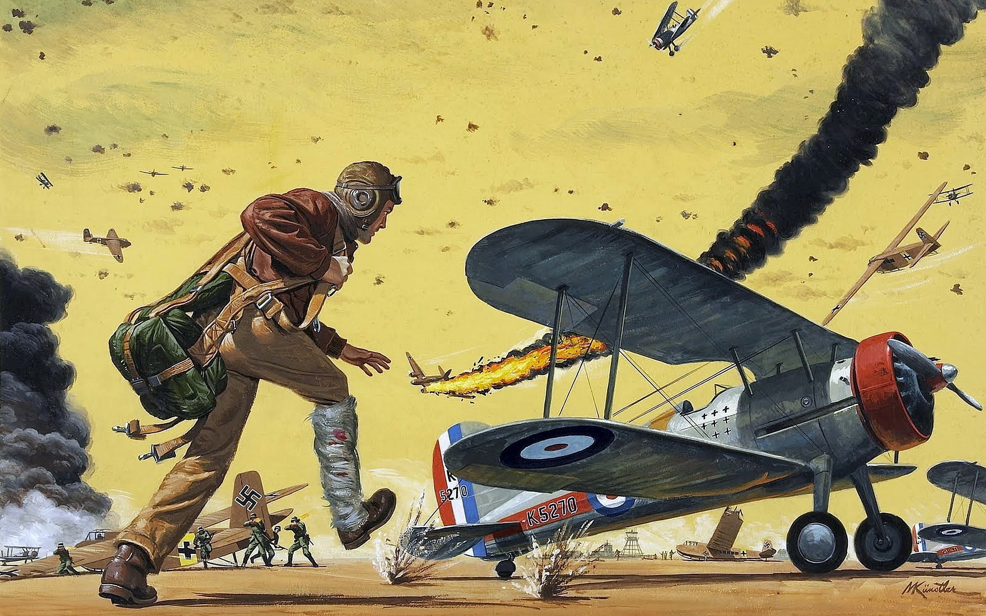 the airfield, figure, attack, fighter biplane, pilot, DFS 230, dogfight, the sky, German glider, WW2, Marines, art, uniforms, 1080P, HD Wallpaper