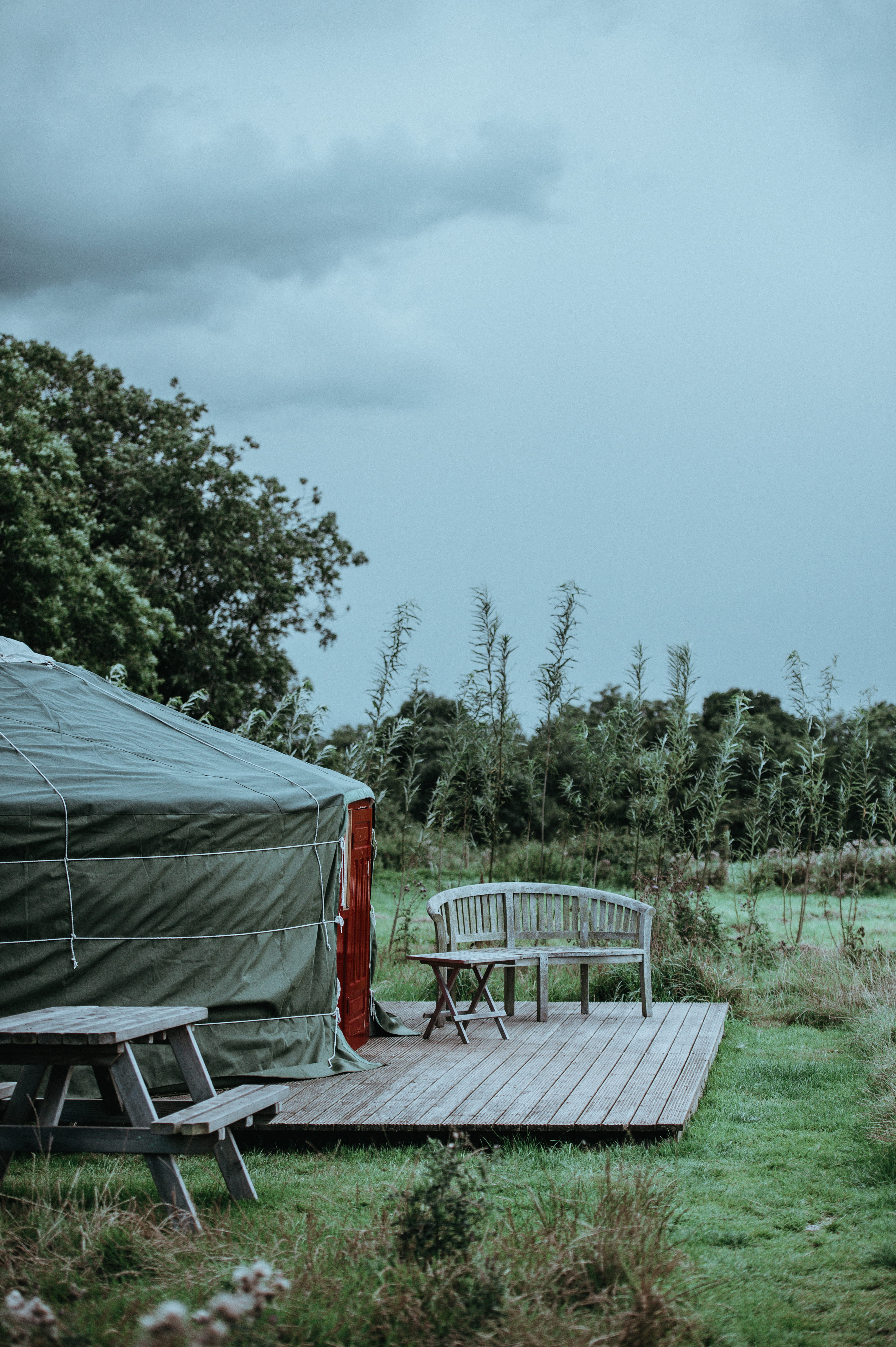 wooden, empty, outside, day, environment, field, brown, grass, outdoors, tree, cloud - sky, green color, folding, nature, yurt, built structure, sky, tranquility, Phone HD Wallpaper