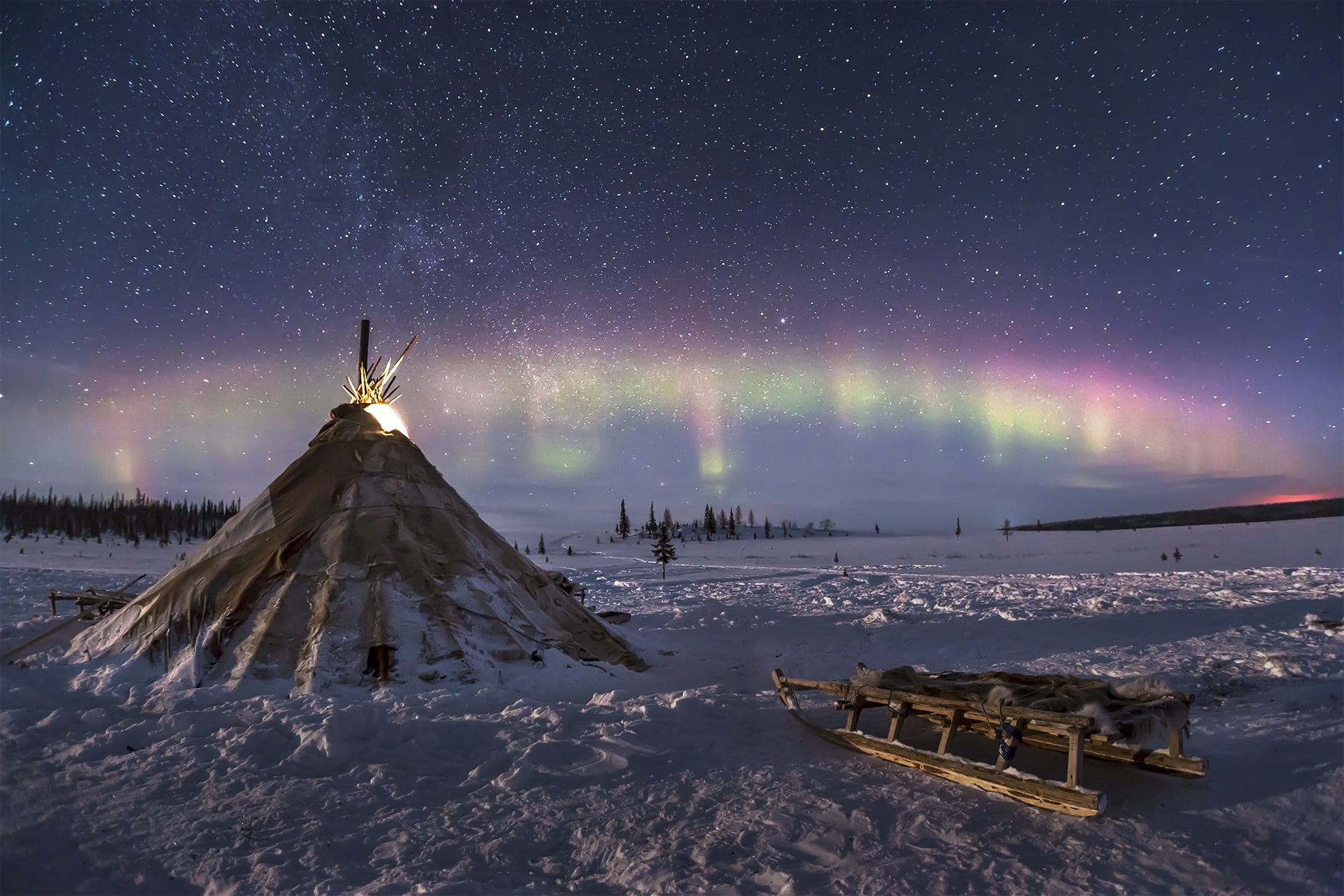 winter, North, Northern lights, Yurt, sleigh, tundra, wigwam, 1080P, HD Wallpaper