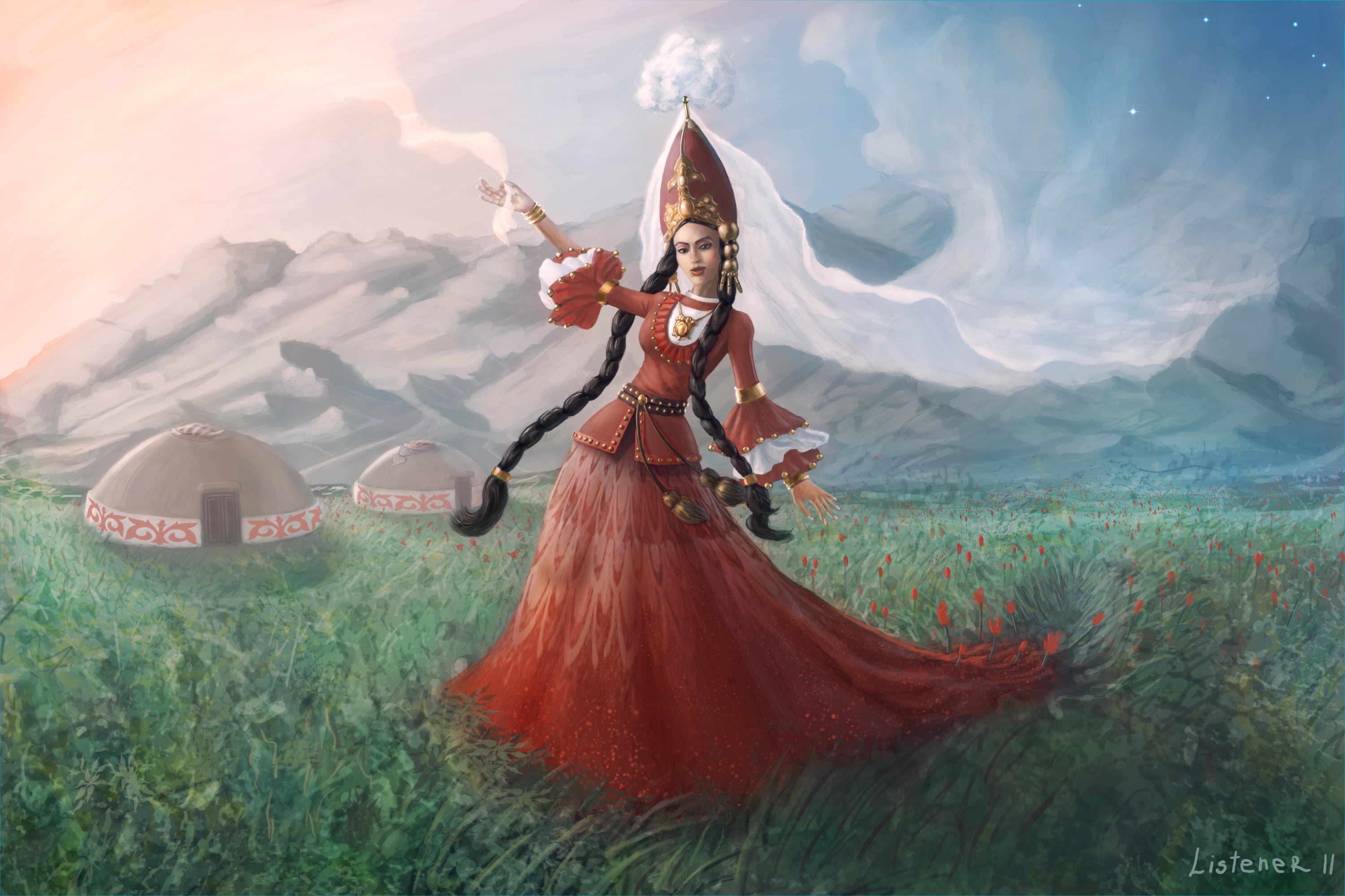 Kazakh, sky, women, females, lifestyles, cultures, full length, woman, dress, religion, anime, beauty, land, digital, environment, long, fashion, HD Wallpaper
