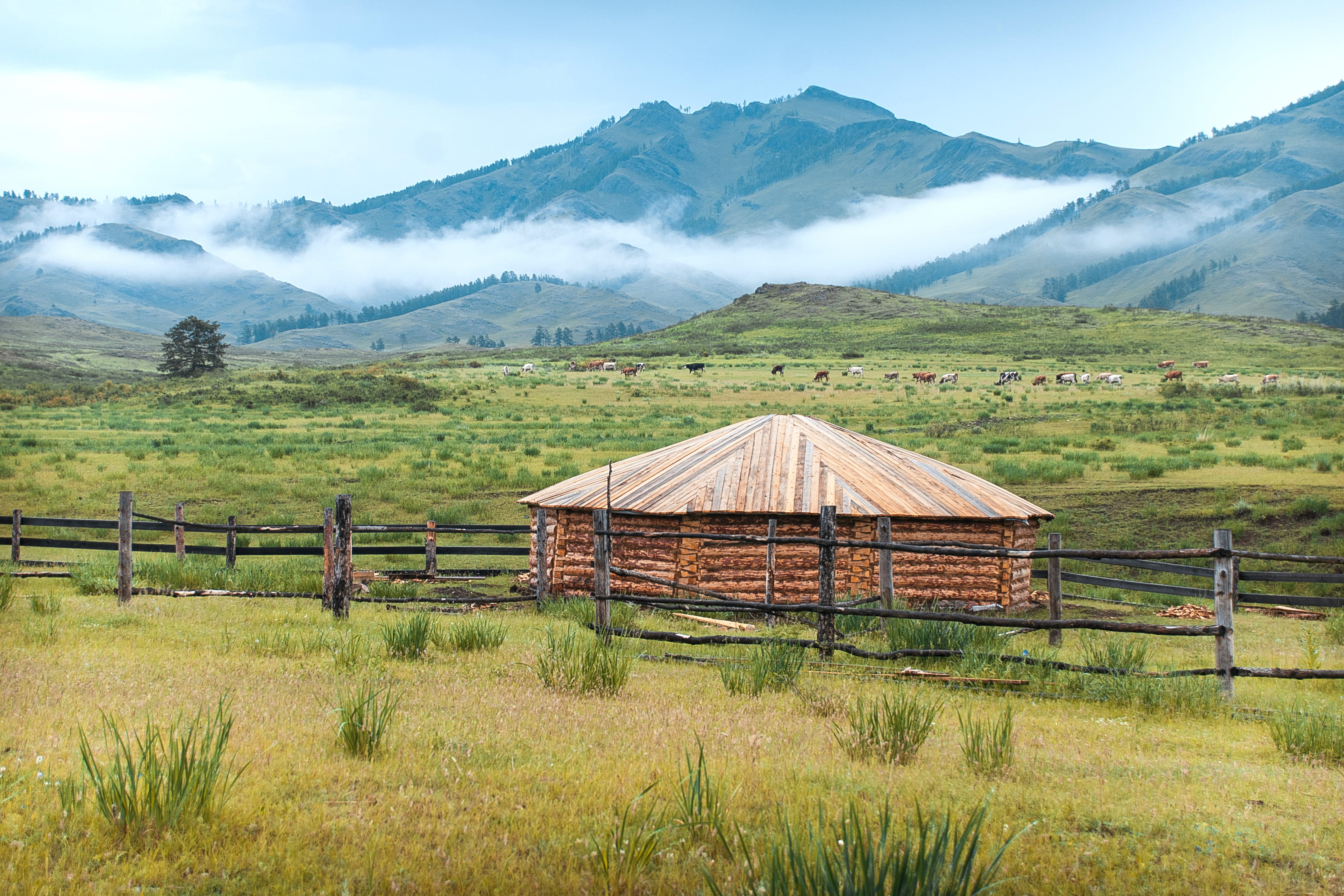 nature, fence, scenics - nature, frog, barrier, mountain peak, landscape, tranquility, yurt, snowcapped mountain, environment, architecture, beauty in nature, HD Wallpaper