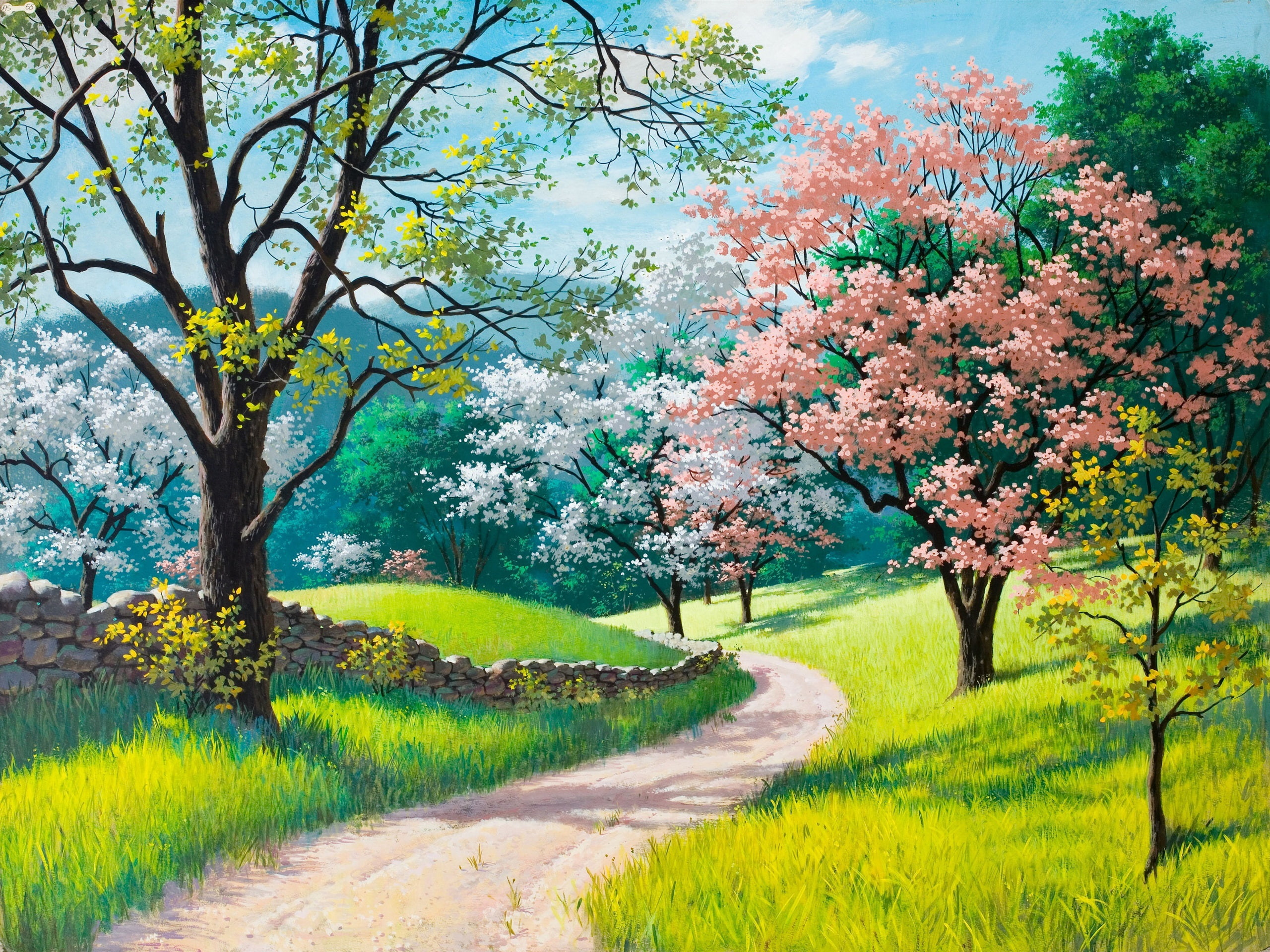 Beautiful, Trees, Blossoms, Road, Spring, Grass, 2K, Painting, HD Wallpaper