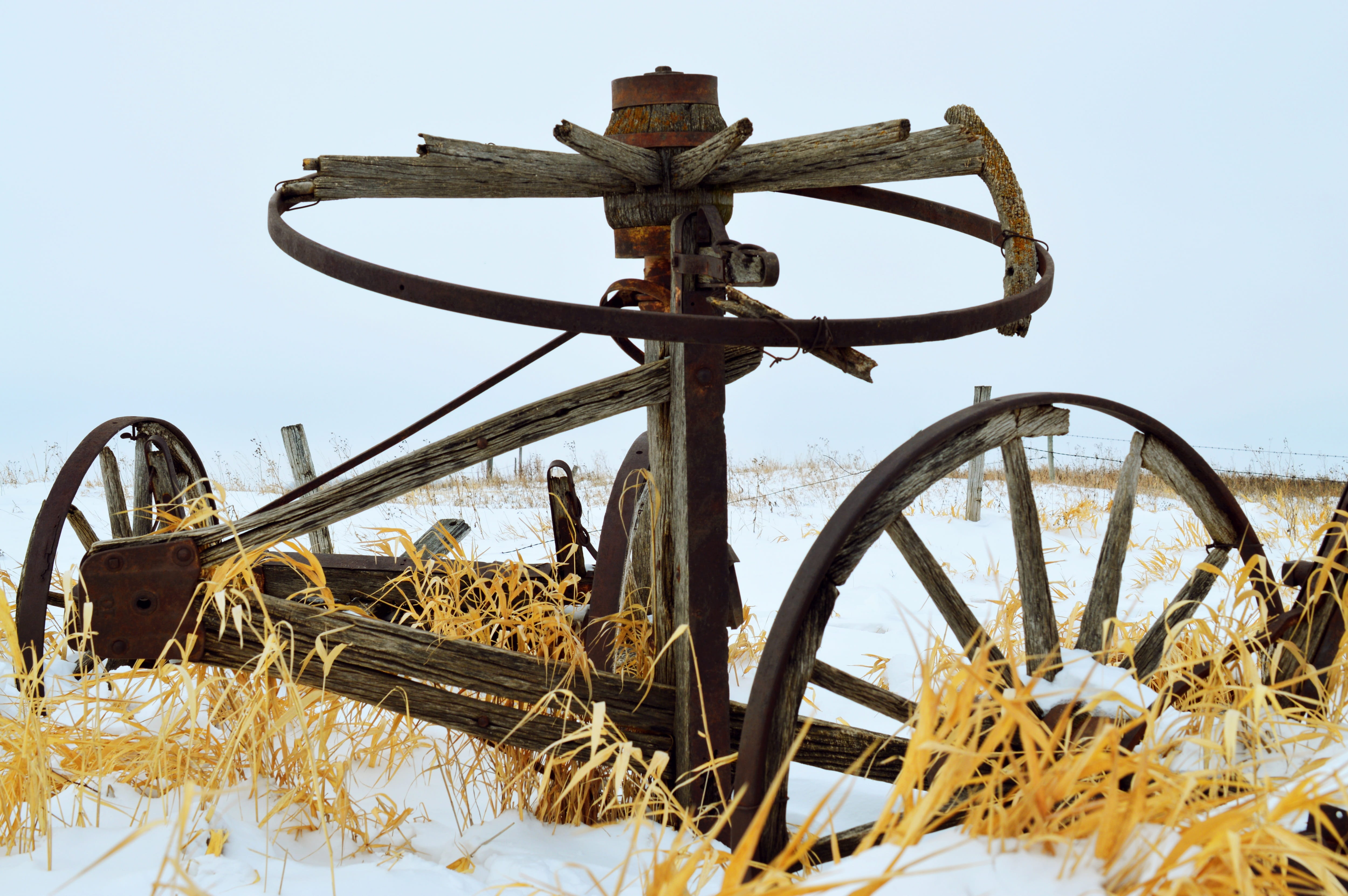 weathered, Farm Equipment, winter, old, rural, abandoned, land, field, Old, metal, snow, agriculture, antique, damaged, transportation, Wheel, wood - material, HD Wallpaper
