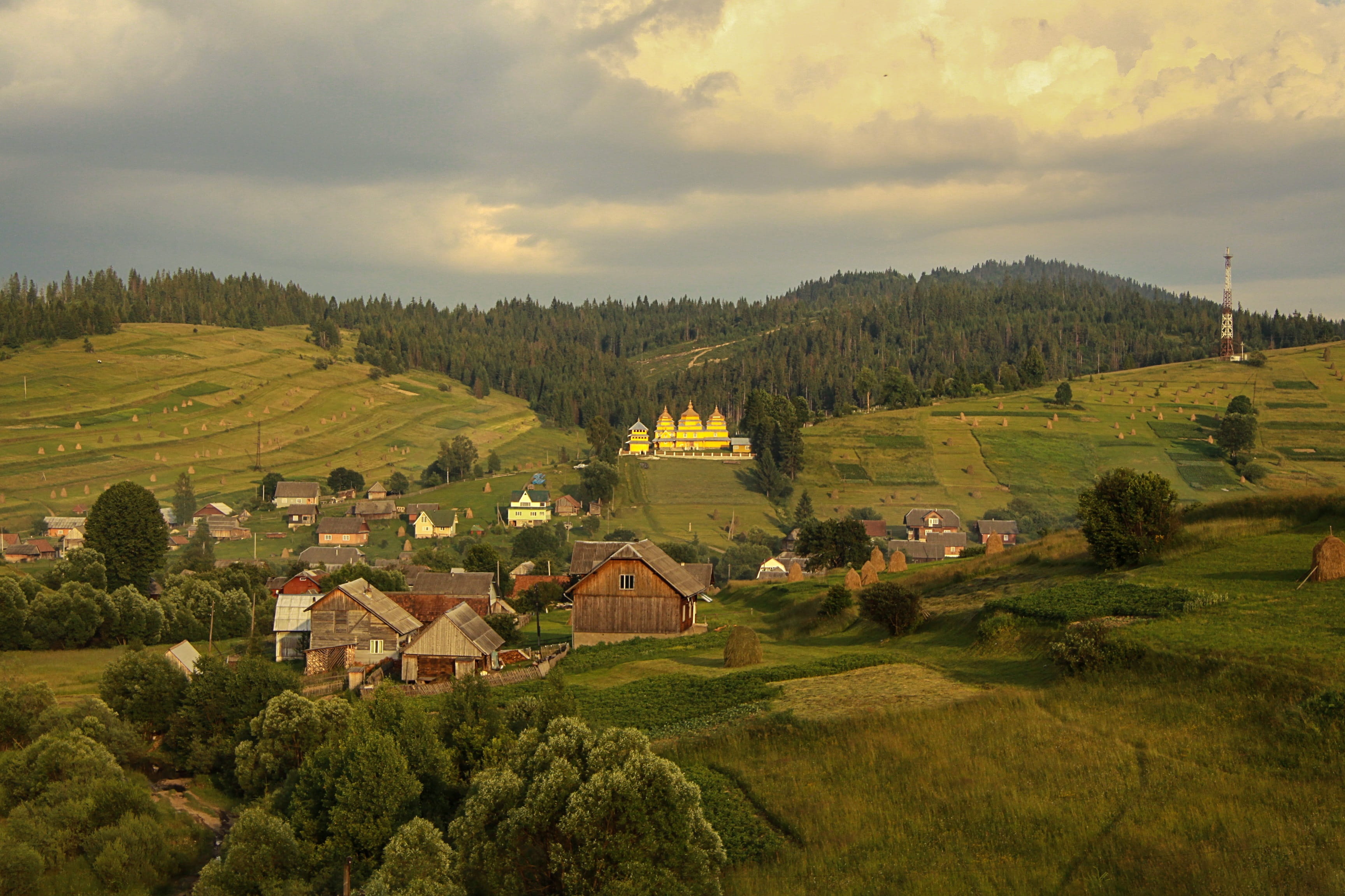 field, scenics - nature, tranquility, house, transcarpathia, rural scene, green color, plant, the carpathians, grass, tranquil scene, 2K, travel, tree, HD Wallpaper