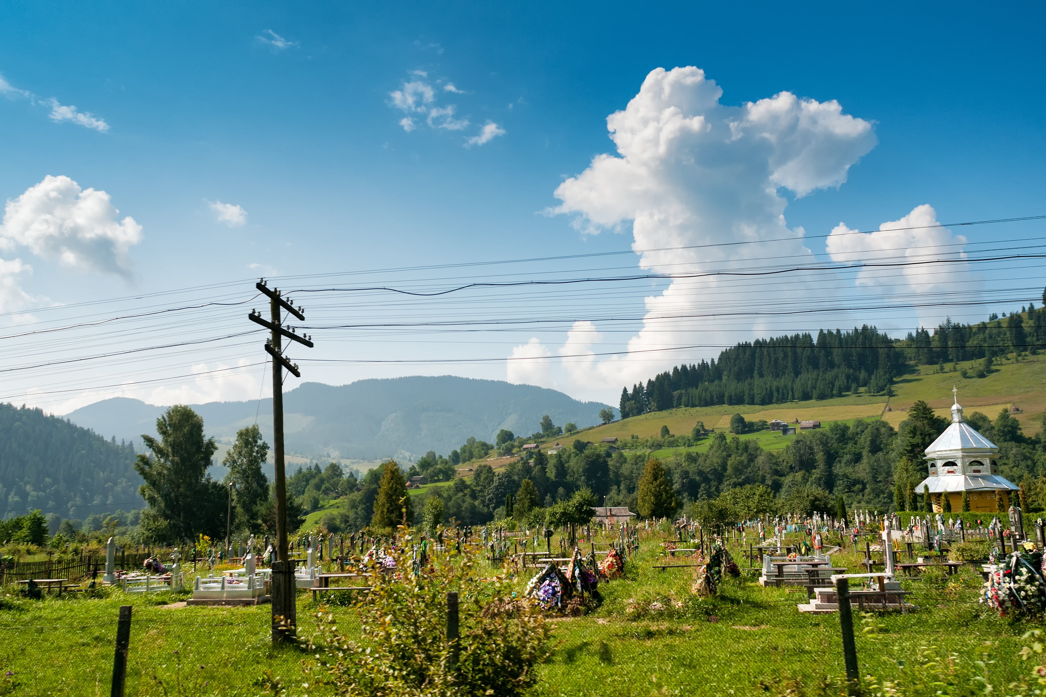 grass, rakhiv, tranquil scene, no people, green color, 2K, cemetery, summer, day, mountain, cable, scenics - nature, power supply, mountains, beauty in nature, HD Wallpaper