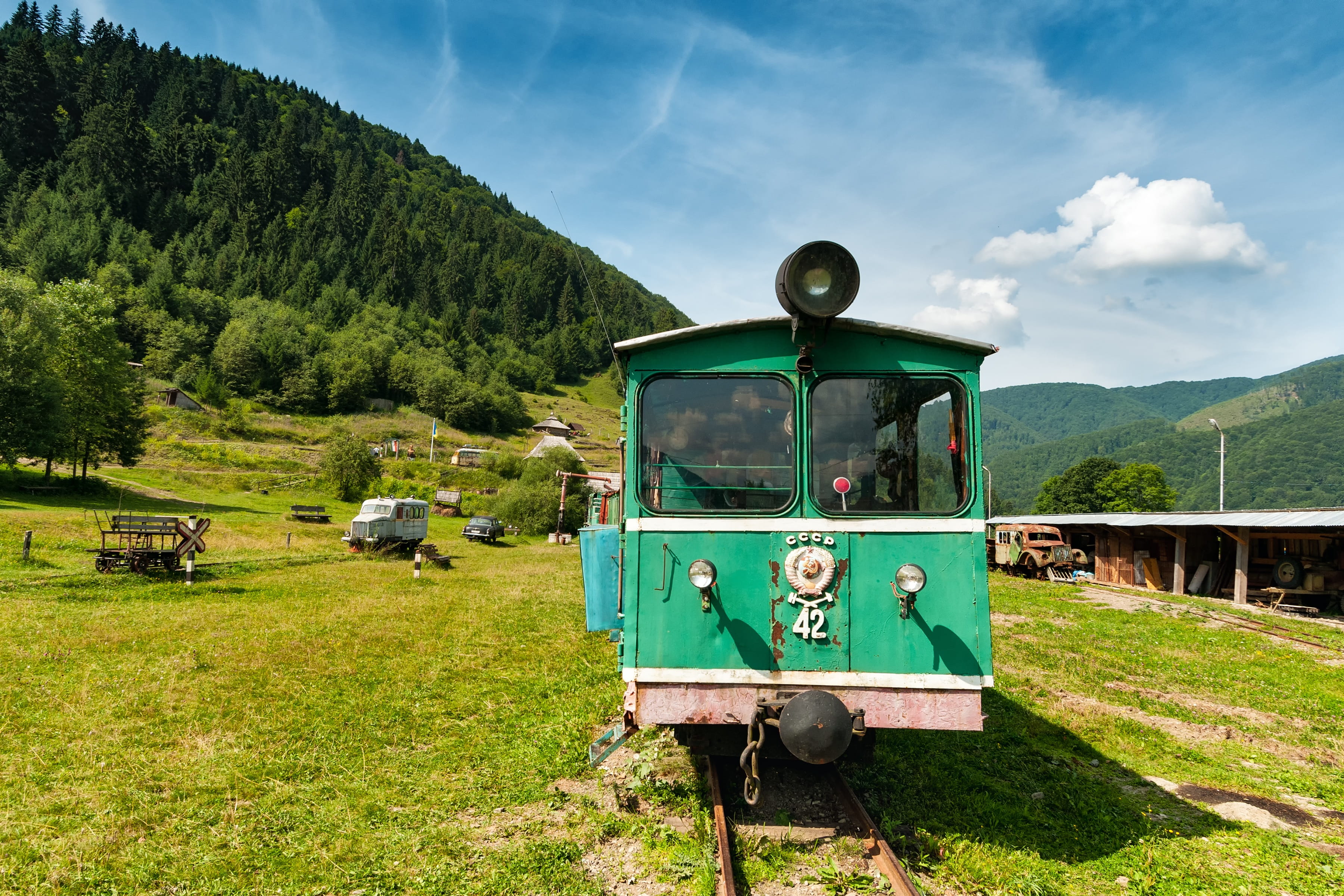green color, sky, day, Open Air Museum, tree, public transportation, travel, carpathian mountains, mountains, road, landscapes, land, landscape, outdoors, HD Wallpaper